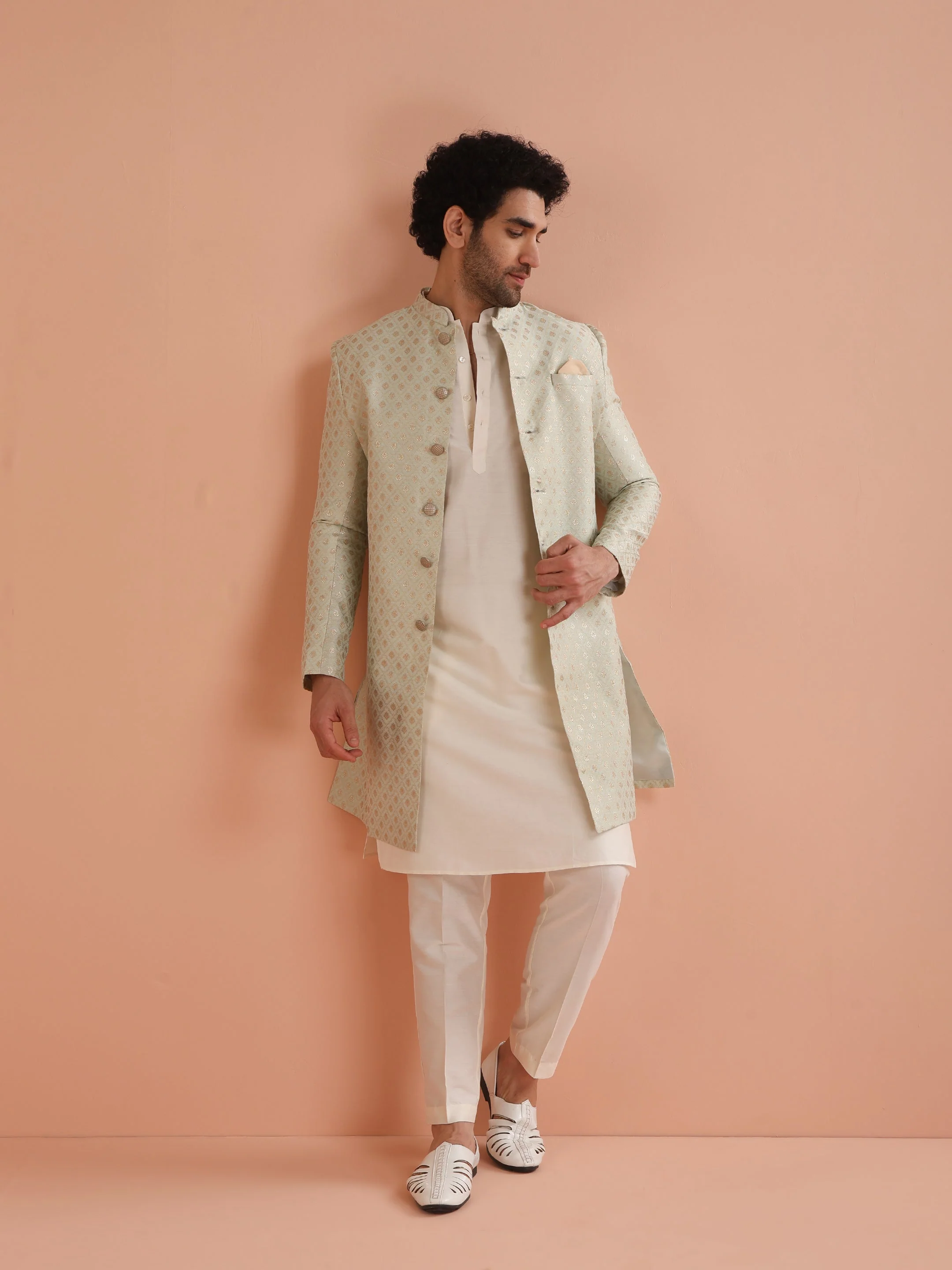 Men's Cream Kurta Indowestern Trouser Set - Image 9