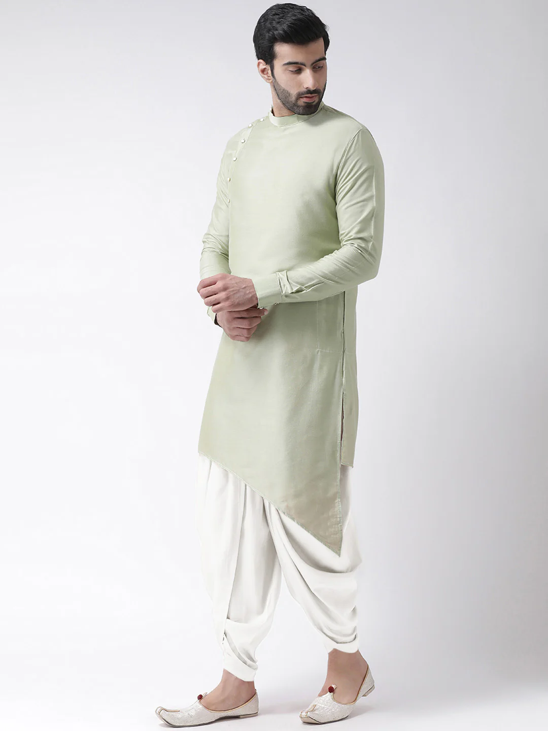 Pastel Green Asymmetrical Kurta Dhoti Set - Image 2