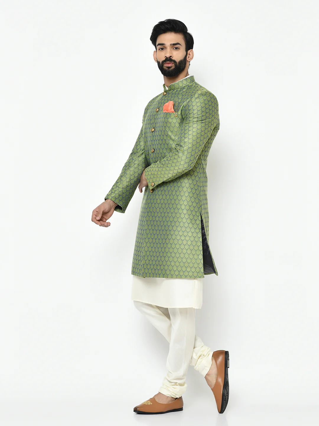 Men's Green Kurta Indowestern Churidar Set - Image 3