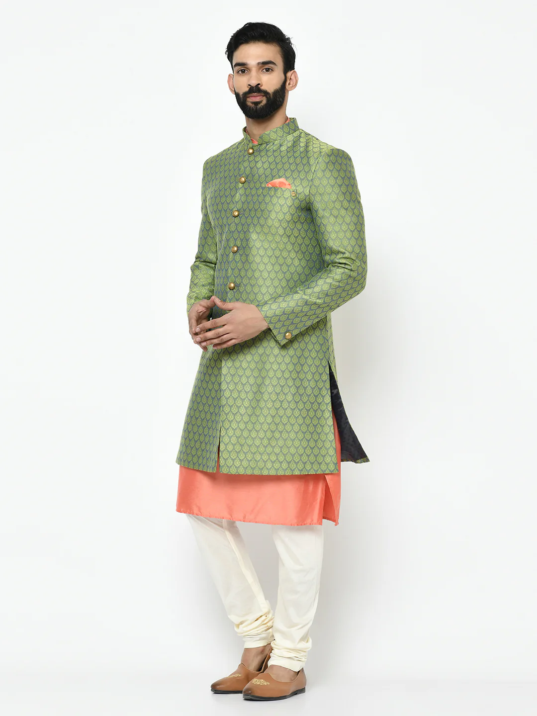 Kisah Men's Green Kurta Indowestern Churidar Set - Image 2