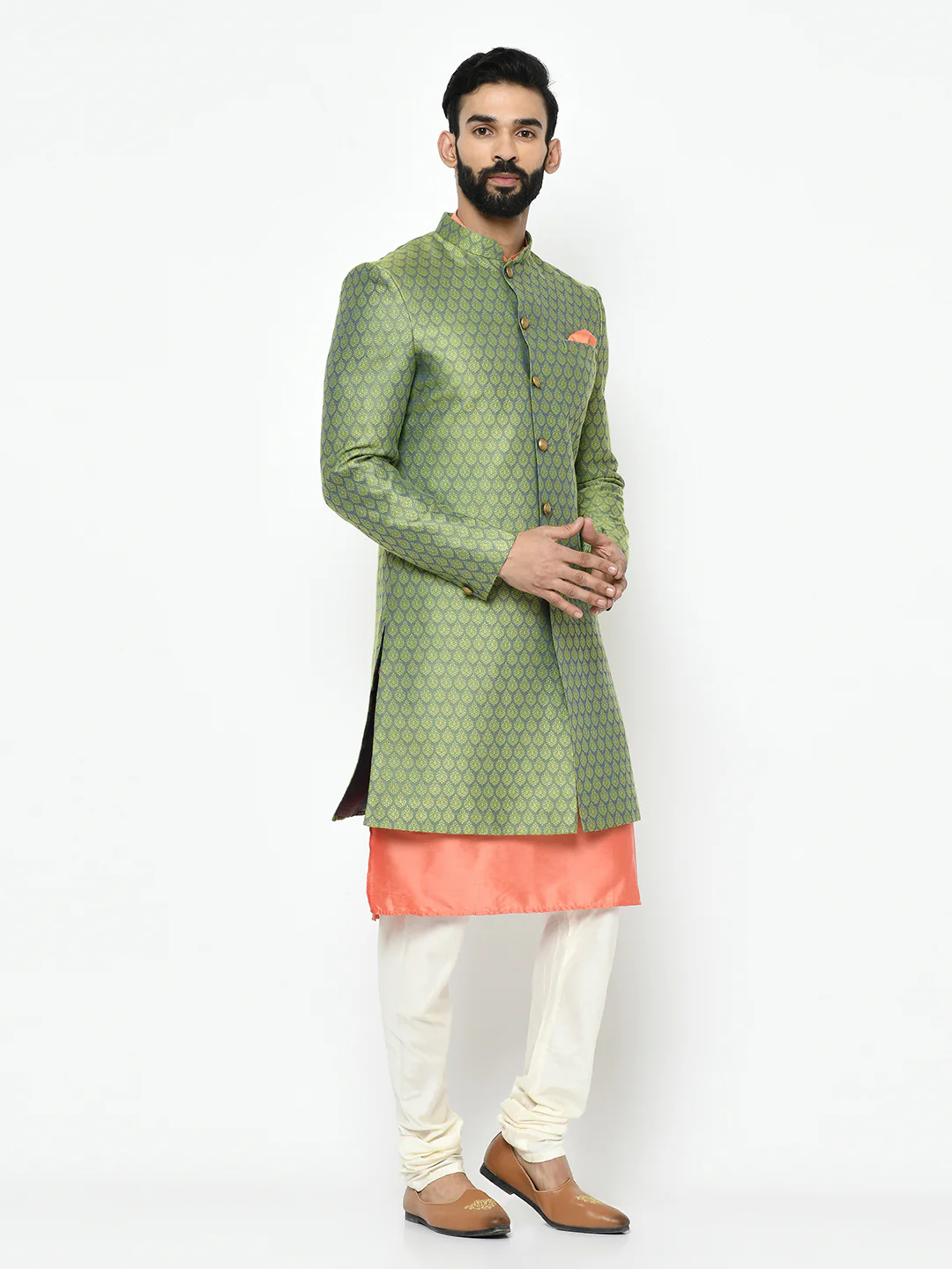 Kisah Men's Green Kurta Indowestern Churidar Set - Image 3