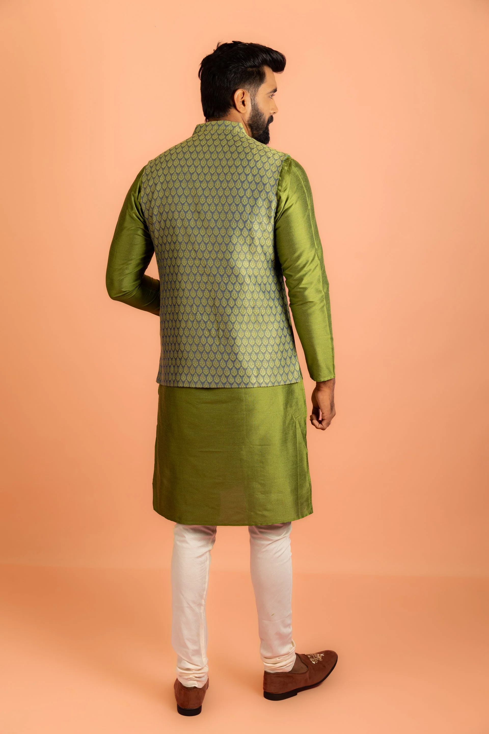 Green Silk Blend Woven Jacket Kurta Churidar Set - Image 13