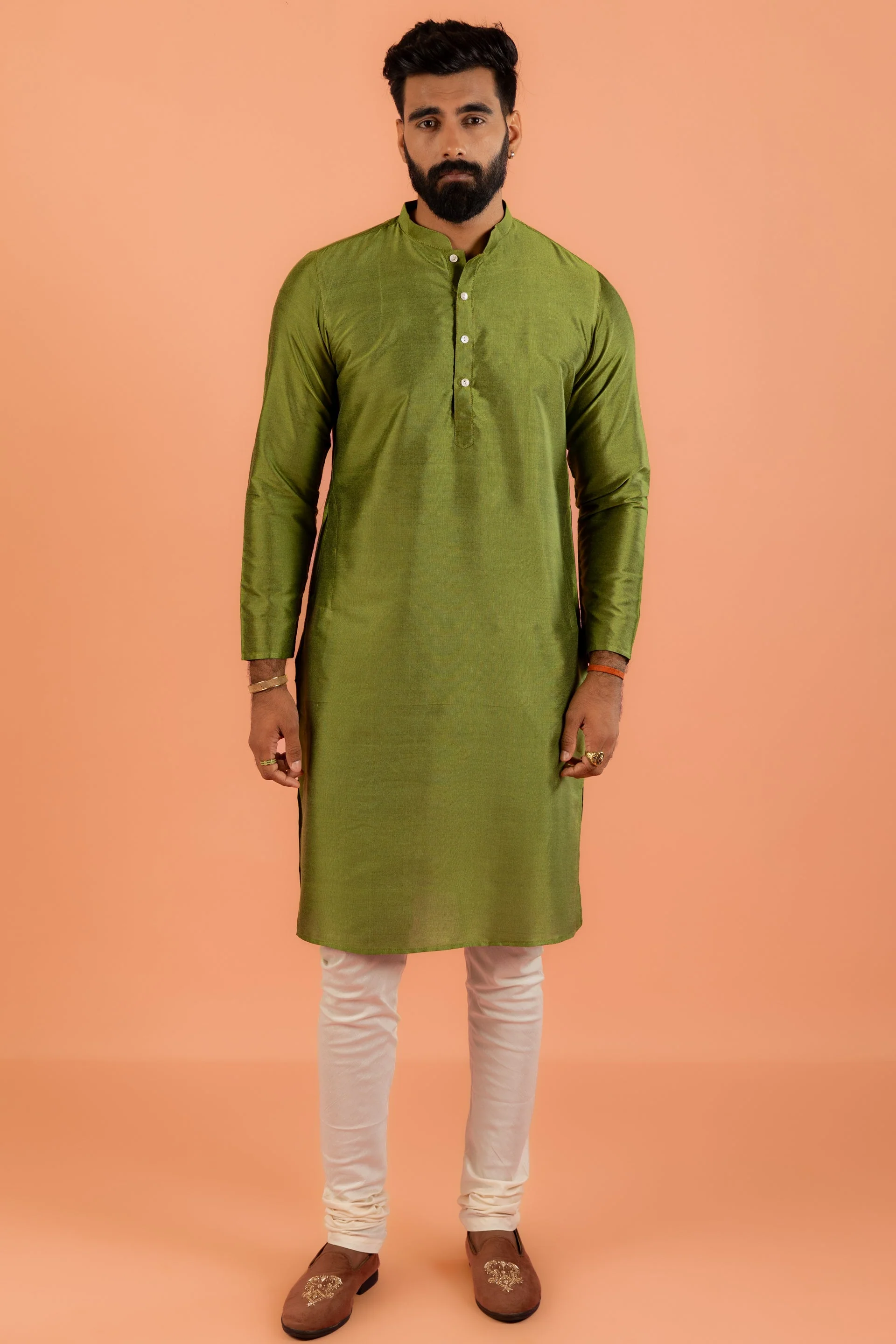 Green Silk Blend Woven Jacket Kurta Churidar Set - Image 16