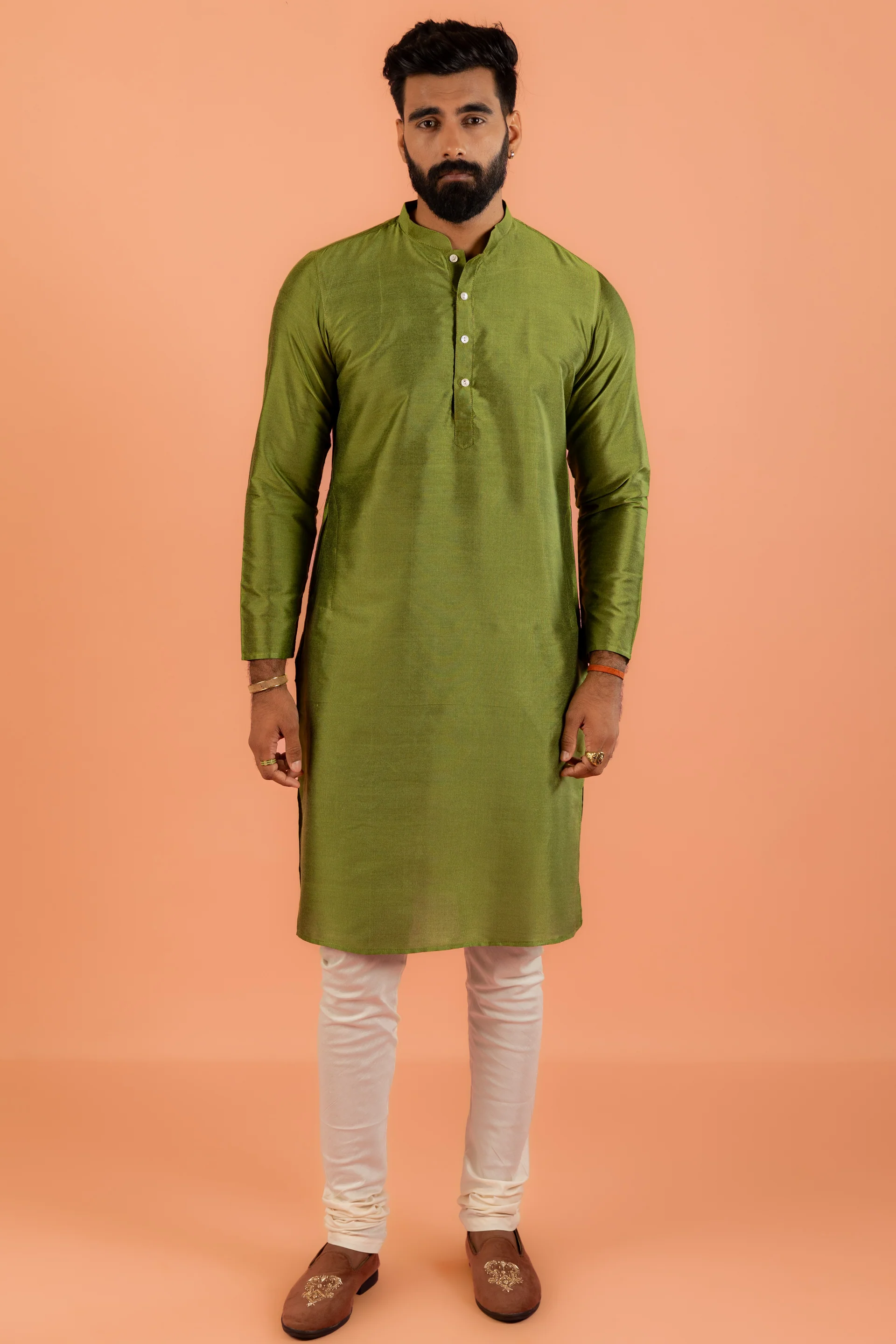 Green Silk Blend Woven Jacket Kurta Churidar Set - Image 8