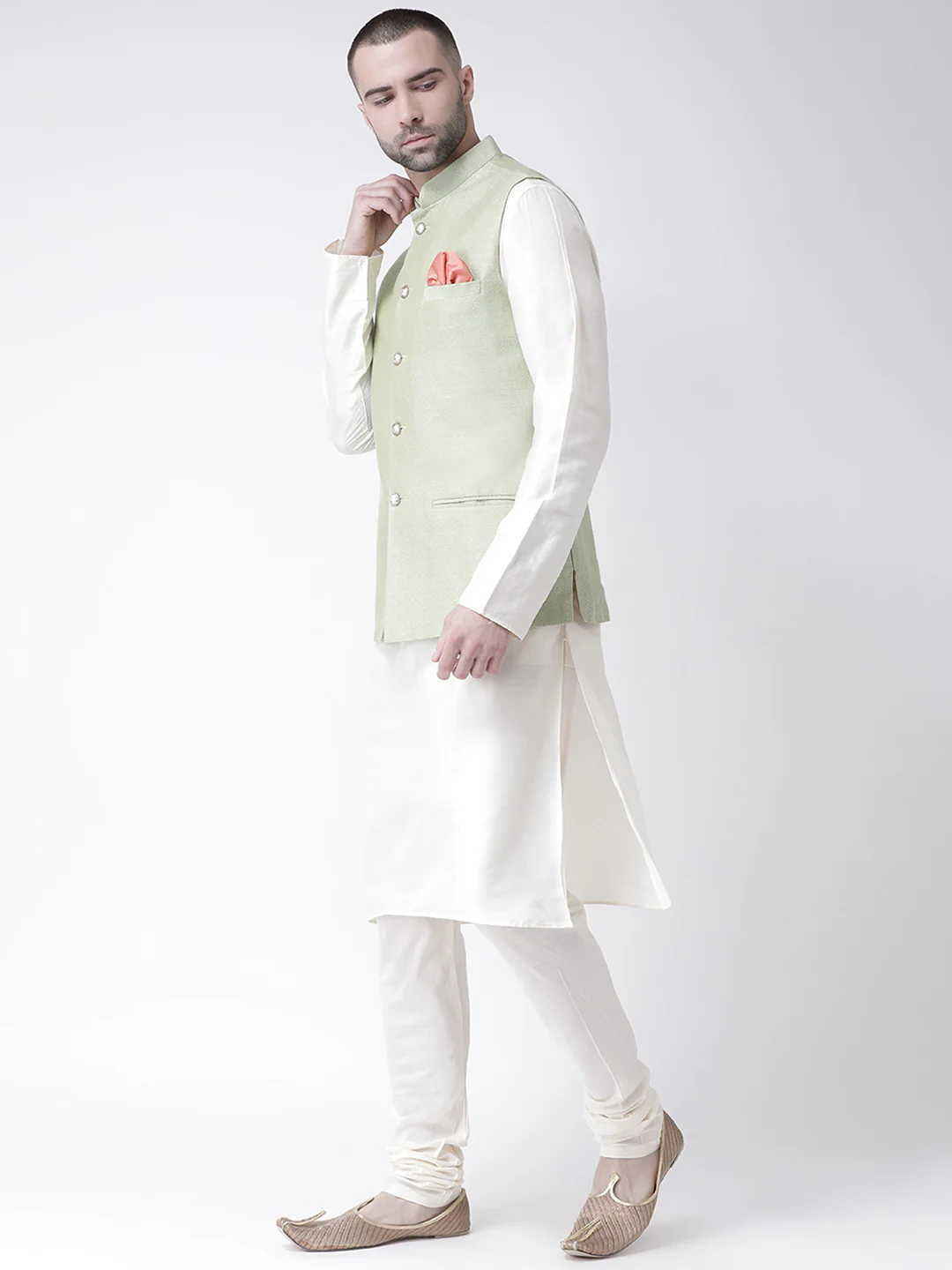 Men's Green Kurta Jacket Churidar Set - Image 2