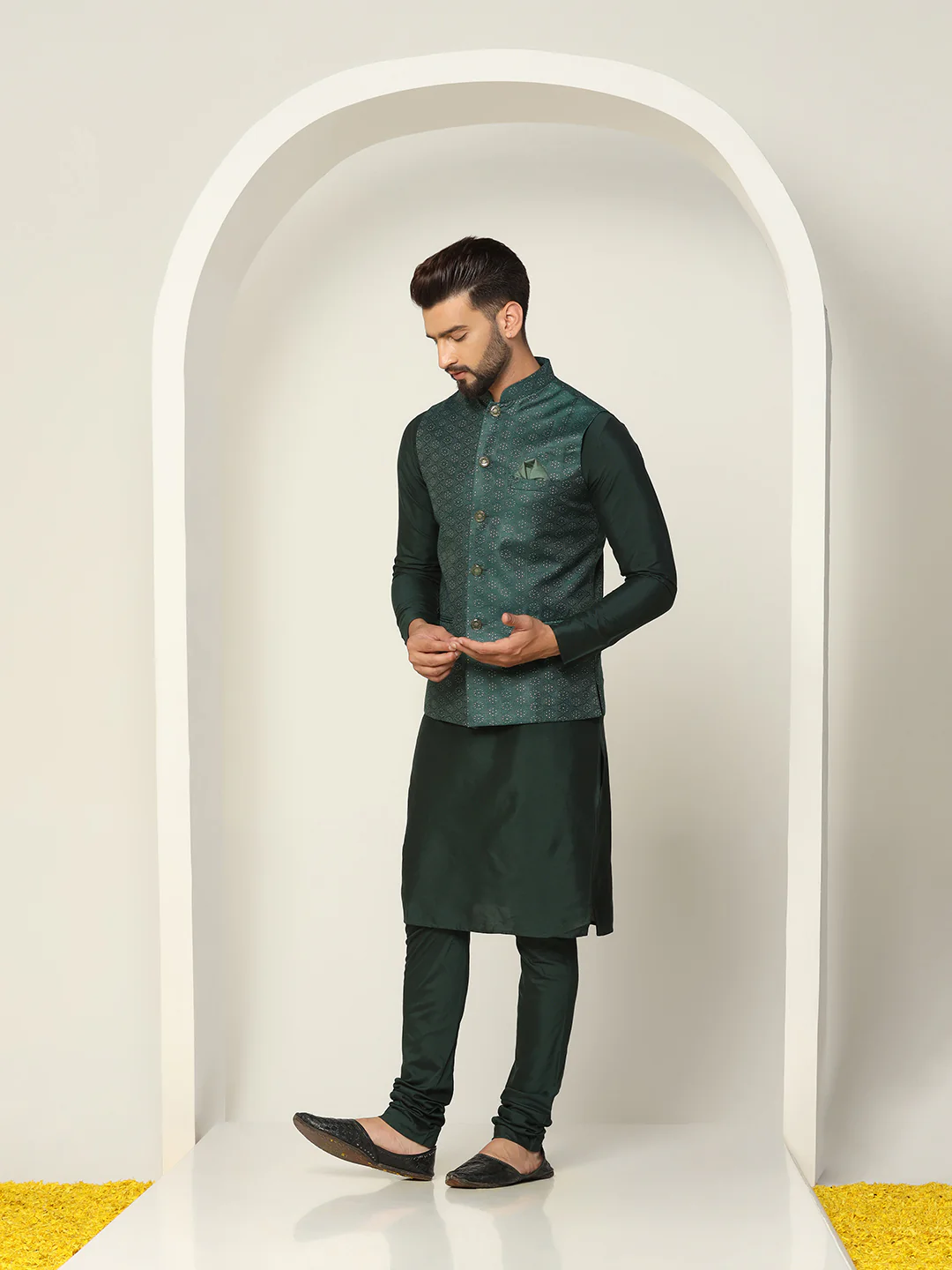 Dark Green Woven Nehru Jacket Kurta Churidar - Image 4