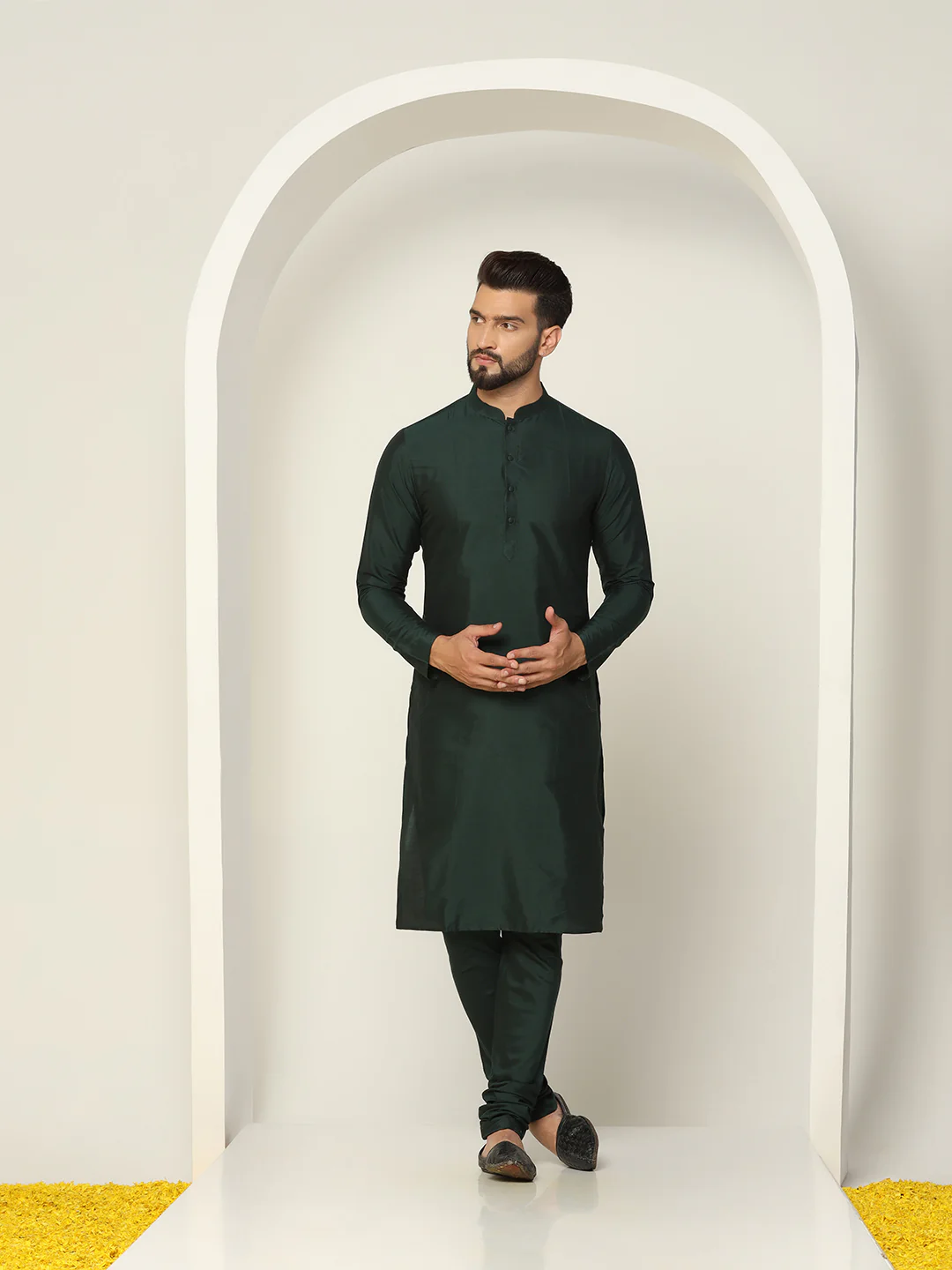 Dark Green Woven Nehru Jacket Kurta Churidar - Image 6
