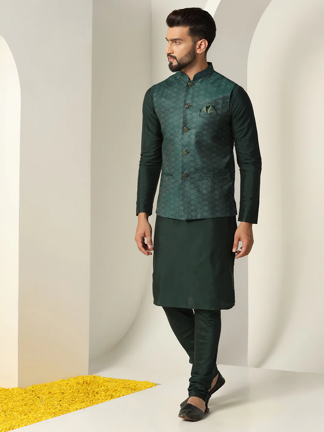 Dark Green Woven Nehru Jacket Kurta Churidar - Image 9