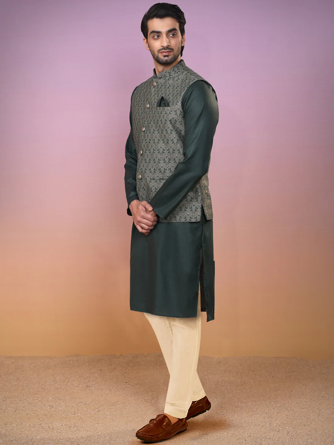 Green Jacket Kurta Trouser Set - Image 3