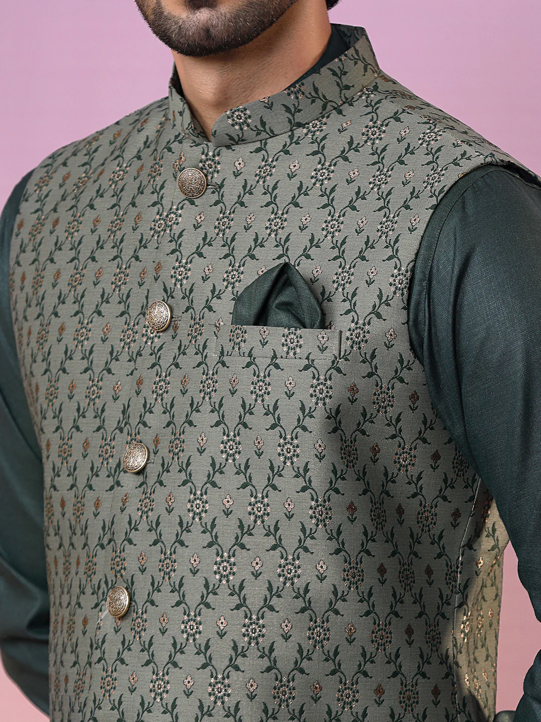 Green Jacket Kurta Trouser Set - Image 6