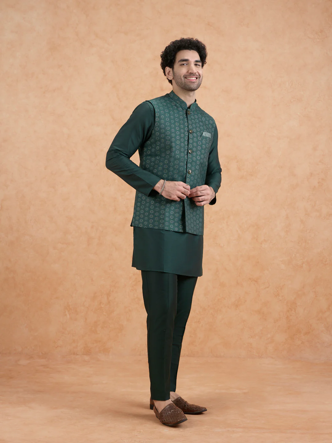 Bottle Green Silk Blend Sequin Embroidered Nehru Jacket - Image 3