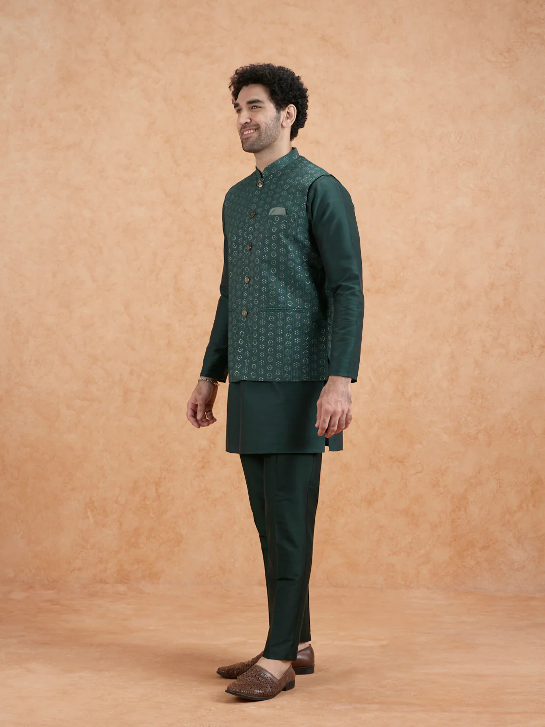 Bottle Green Silk Blend Sequin Embroidered Nehru Jacket - Image 4