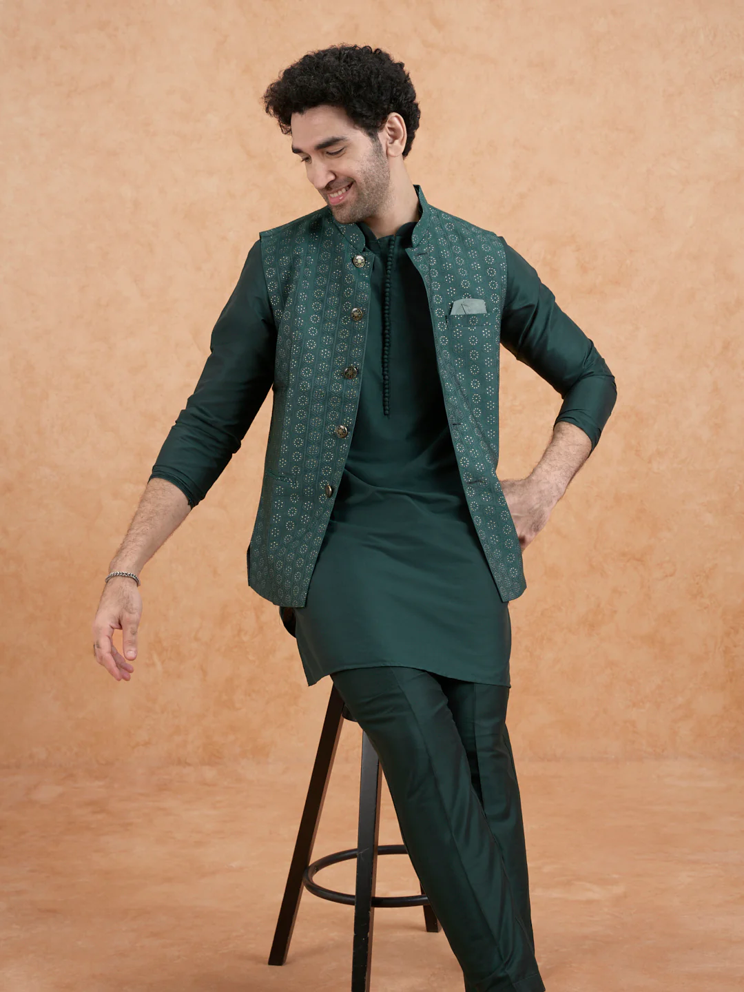 Bottle Green Silk Blend Sequin Embroidered Nehru Jacket - Image 7