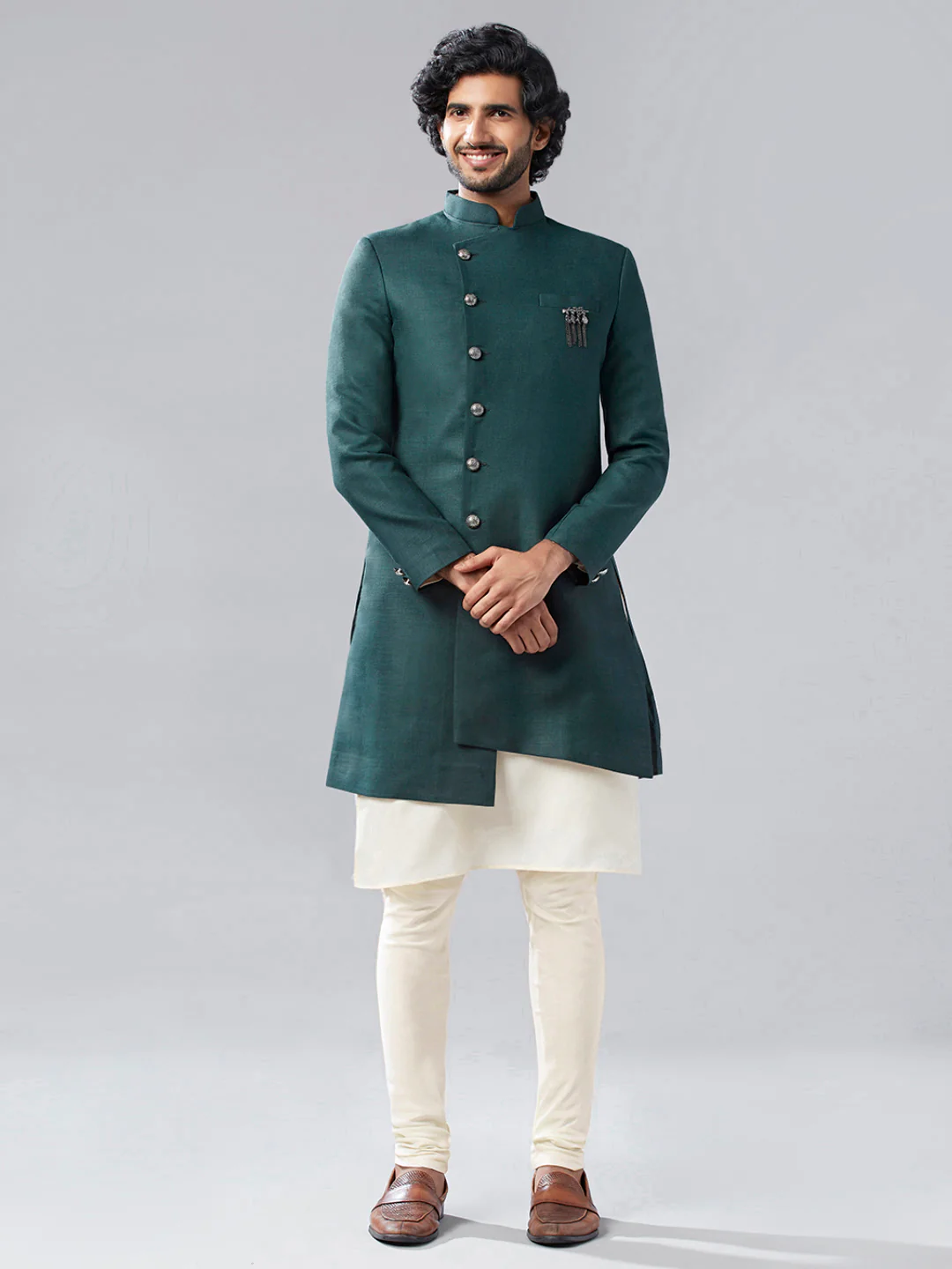 Men Olive Green Solid Asymmetrical Kurta Indowestern Churidar Set