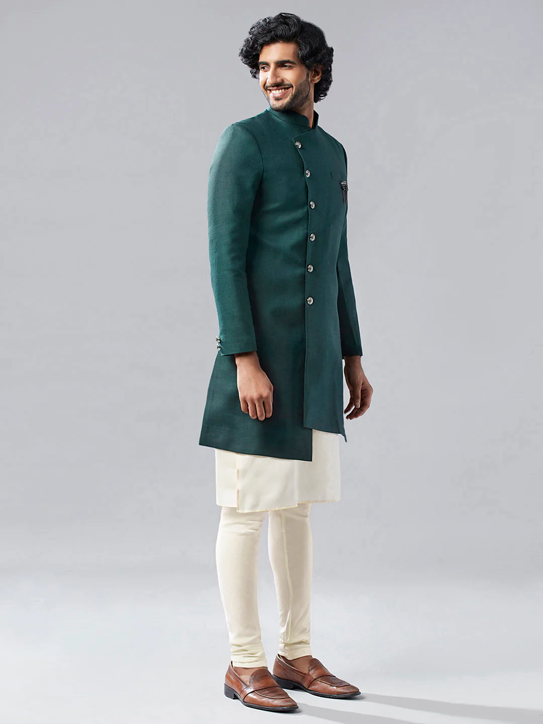 Men Olive Green Solid Asymmetrical Kurta Indowestern Churidar Set - Image 2