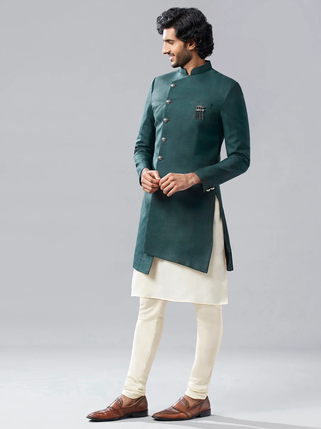 Men Olive Green Solid Asymmetrical Kurta Indowestern Churidar Set - Image 3