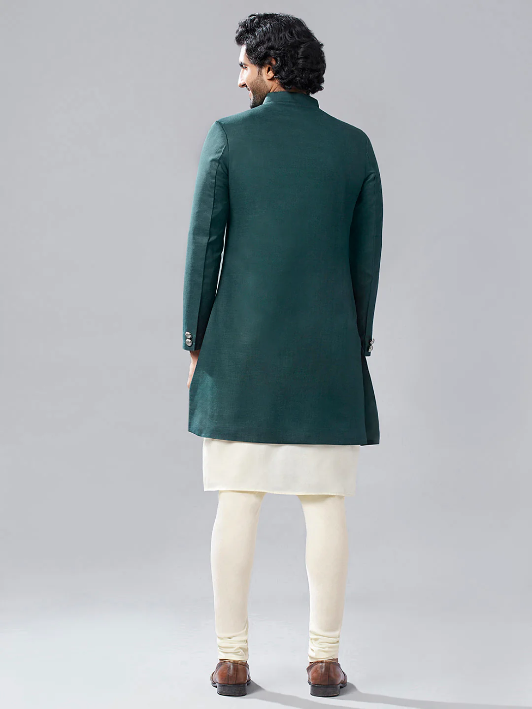 Men Olive Green Solid Asymmetrical Kurta Indowestern Churidar Set - Image 4