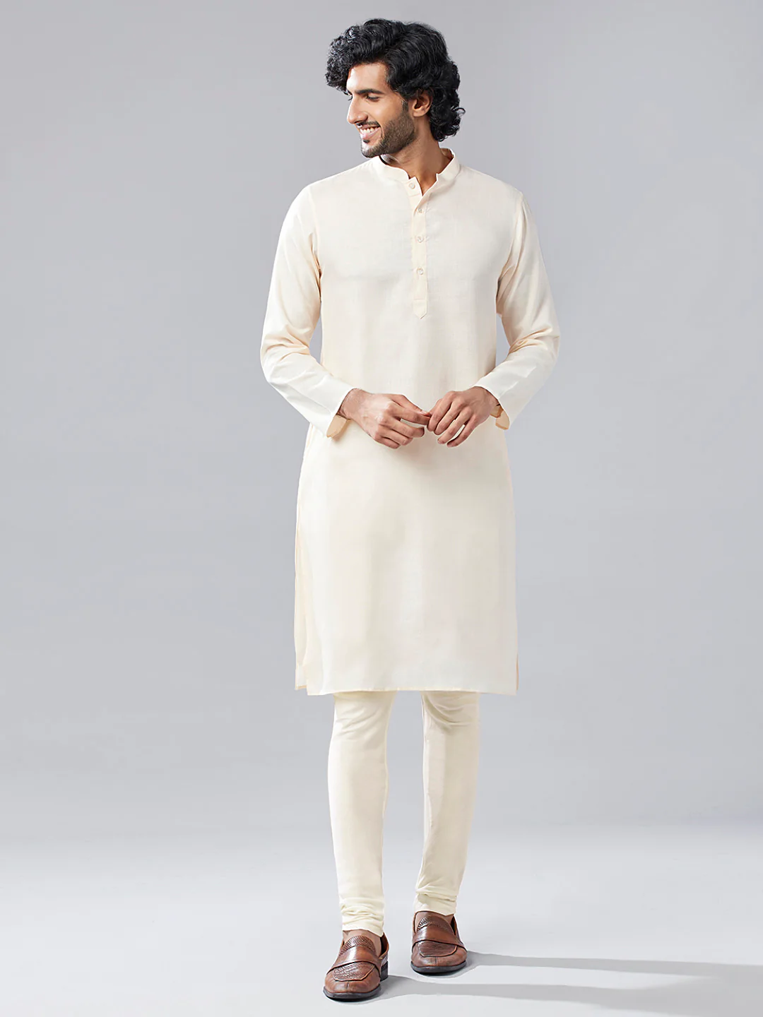 Men Olive Green Solid Asymmetrical Kurta Indowestern Churidar Set - Image 5