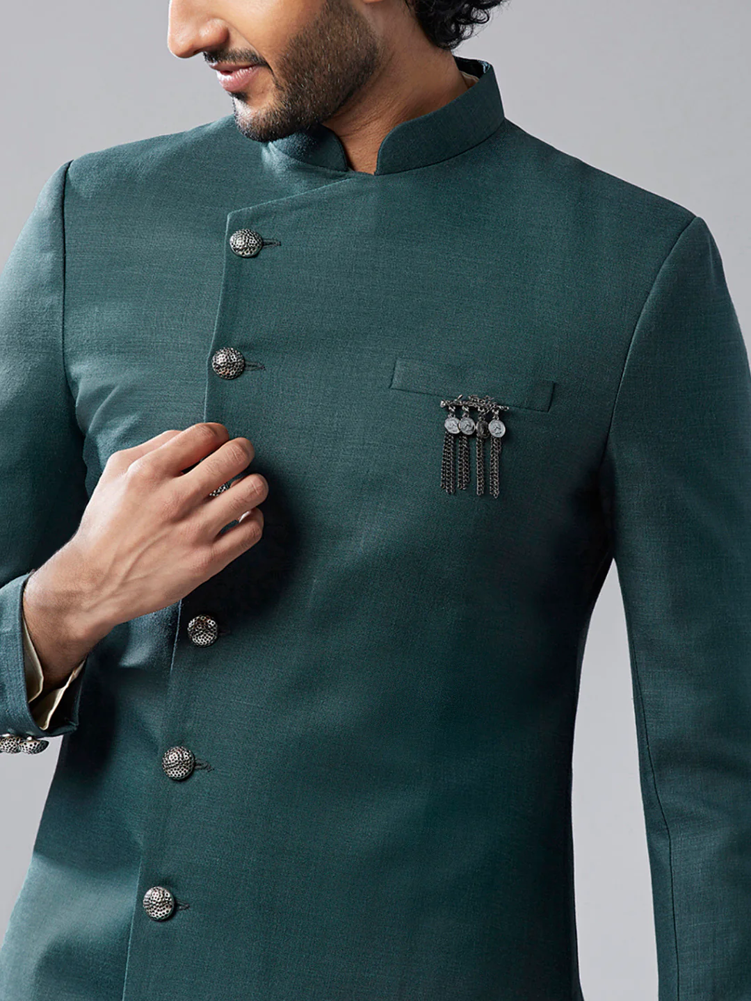 Men Olive Green Solid Asymmetrical Kurta Indowestern Churidar Set - Image 6