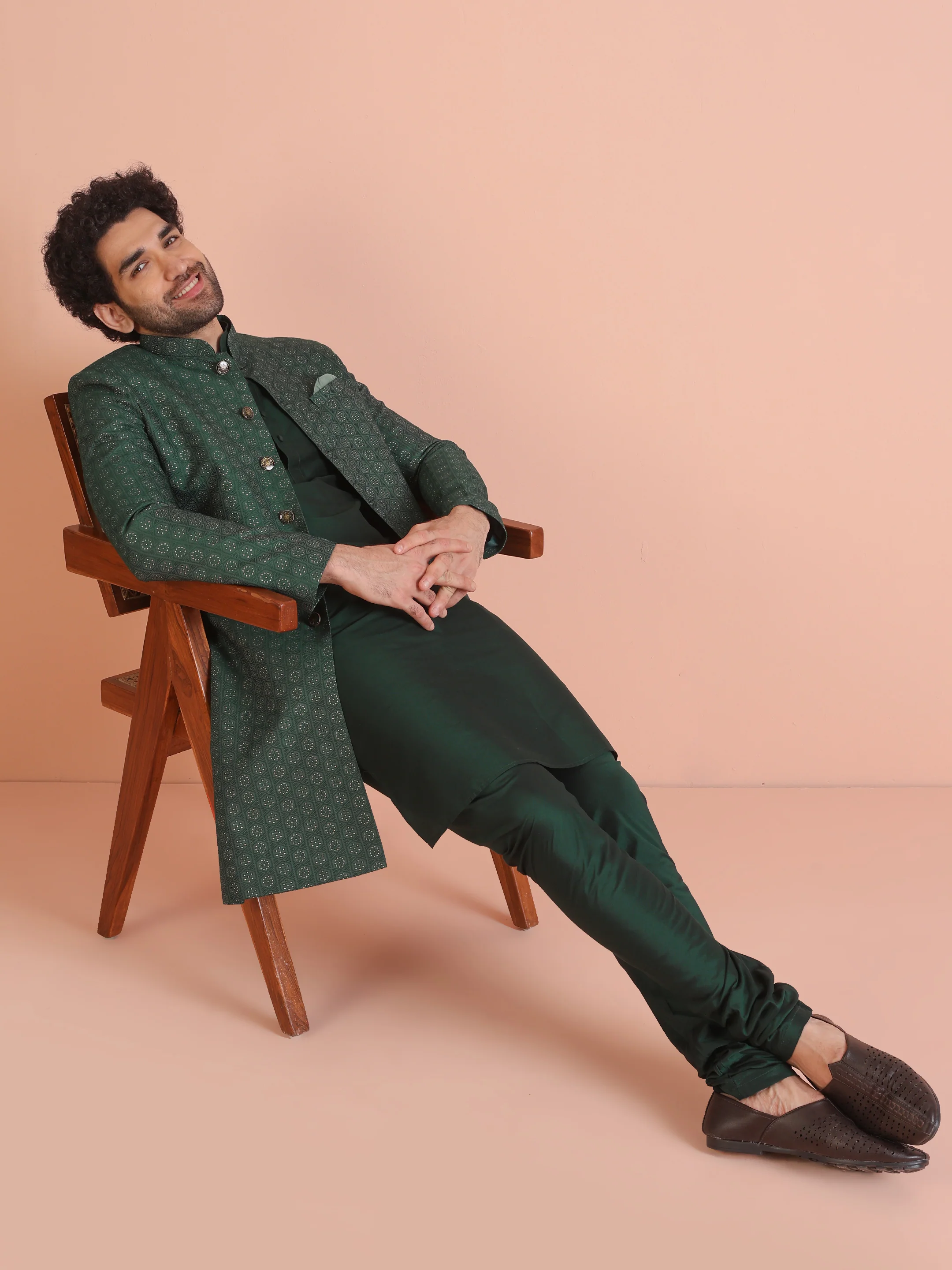 Men Green Textured Jacquard Kurta Indowestern Churidar Set