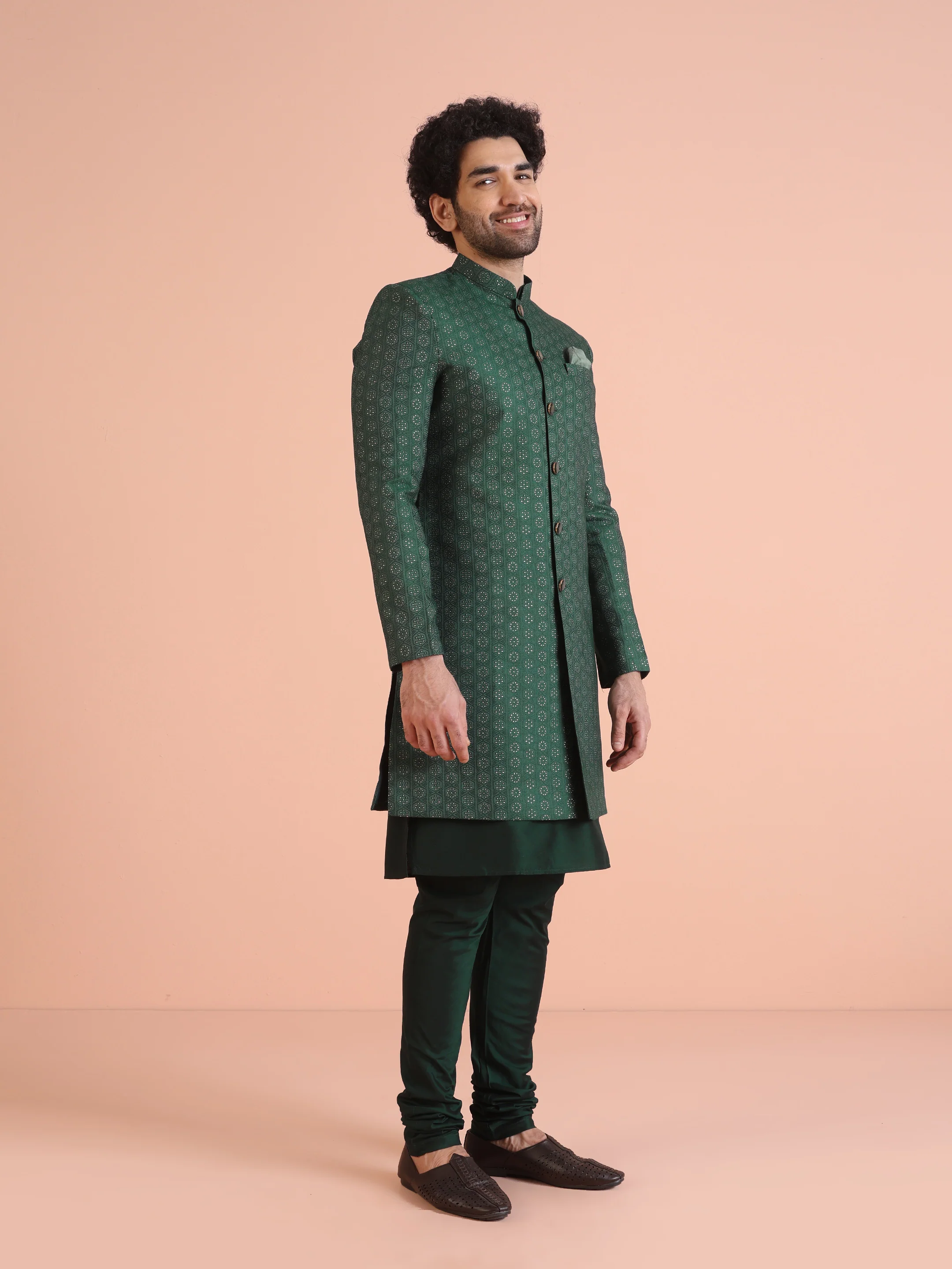 Men Green Textured Jacquard Kurta Indowestern Churidar Set - Image 2