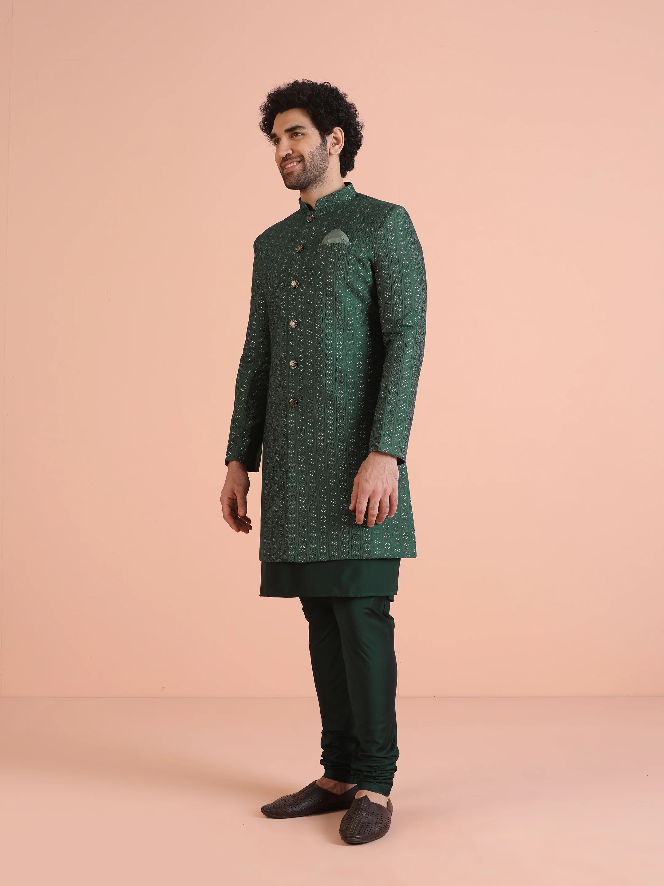 Men Green Textured Jacquard Kurta Indowestern Churidar Set - Image 3