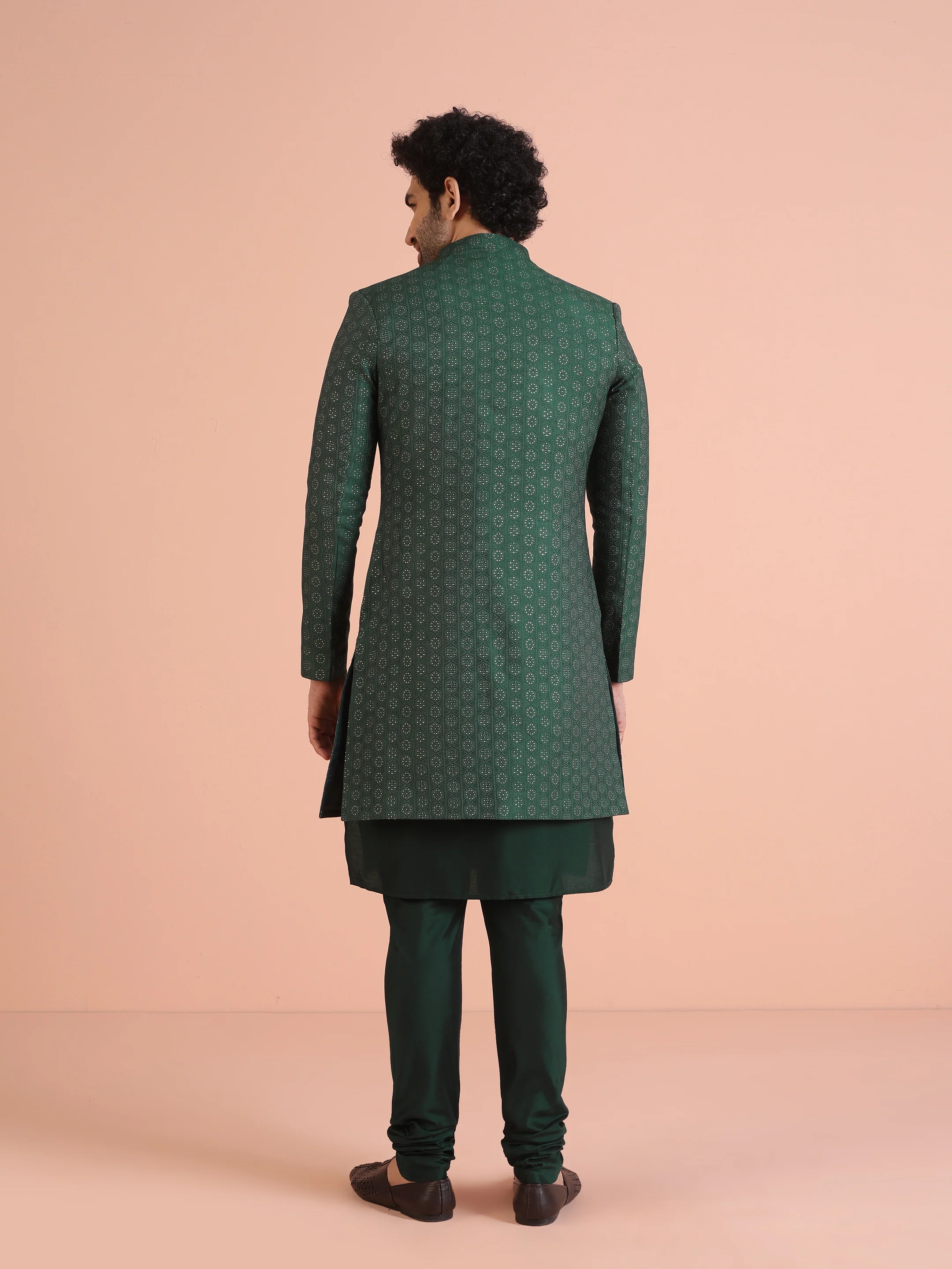 Men Green Textured Jacquard Kurta Indowestern Churidar Set - Image 4