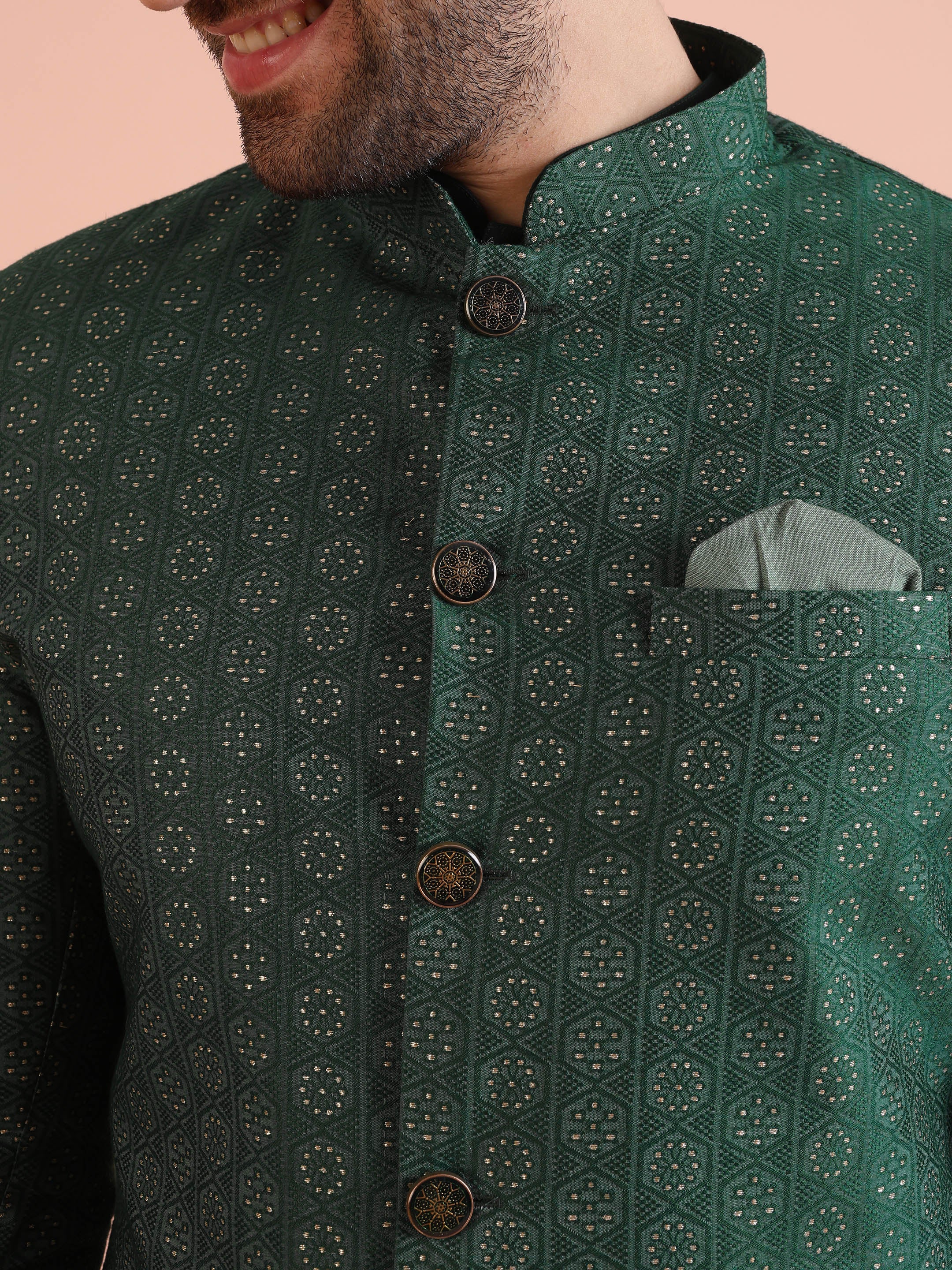 Men Green Textured Jacquard Kurta Indowestern Churidar Set - Image 5