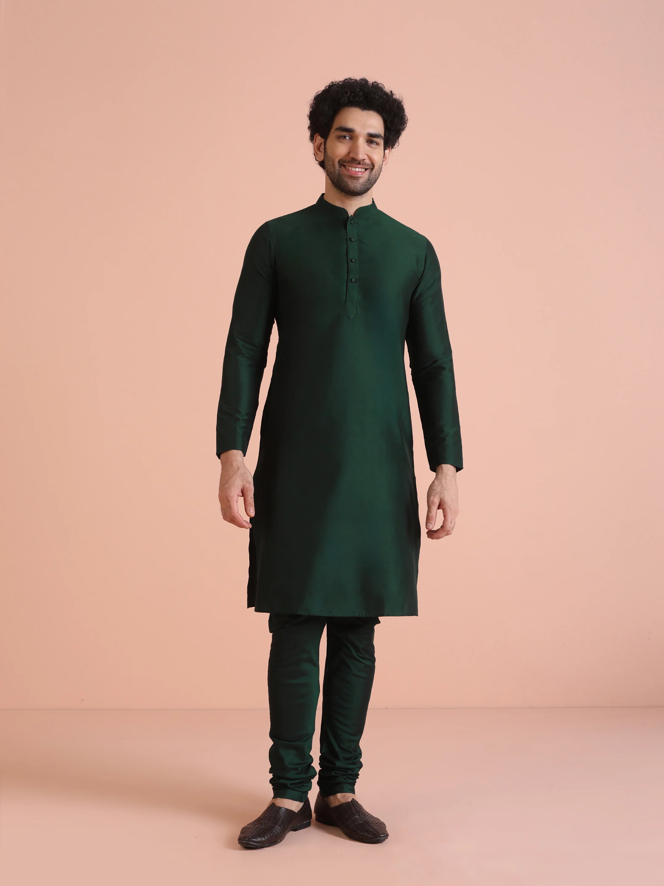 Men Green Textured Jacquard Kurta Indowestern Churidar Set - Image 7