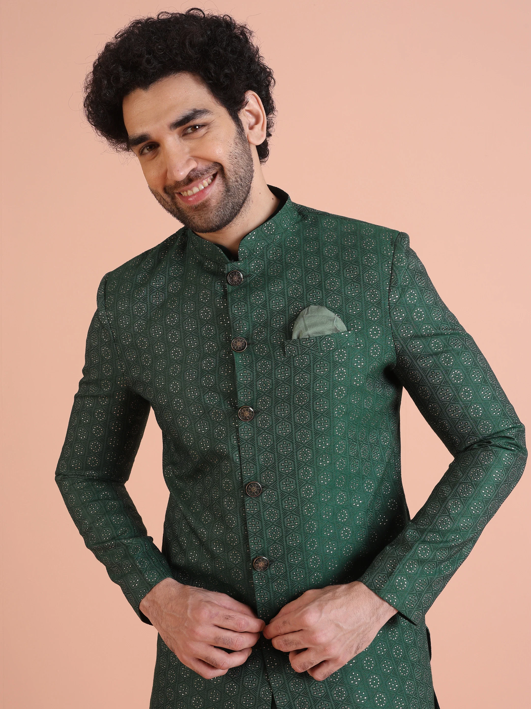 Men Green Textured Jacquard Kurta Indowestern Churidar Set - Image 8