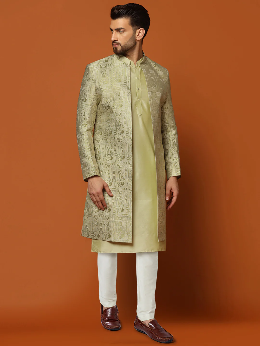Gold Silk Blend Embroidered Front Open Sherwani Set - Image 3