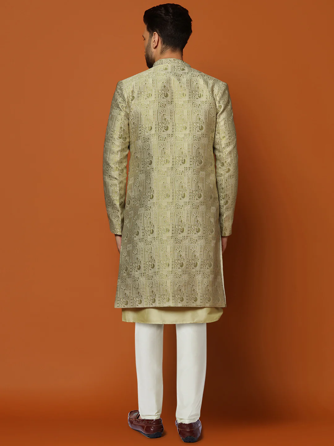 Gold Silk Blend Embroidered Front Open Sherwani Set - Image 4