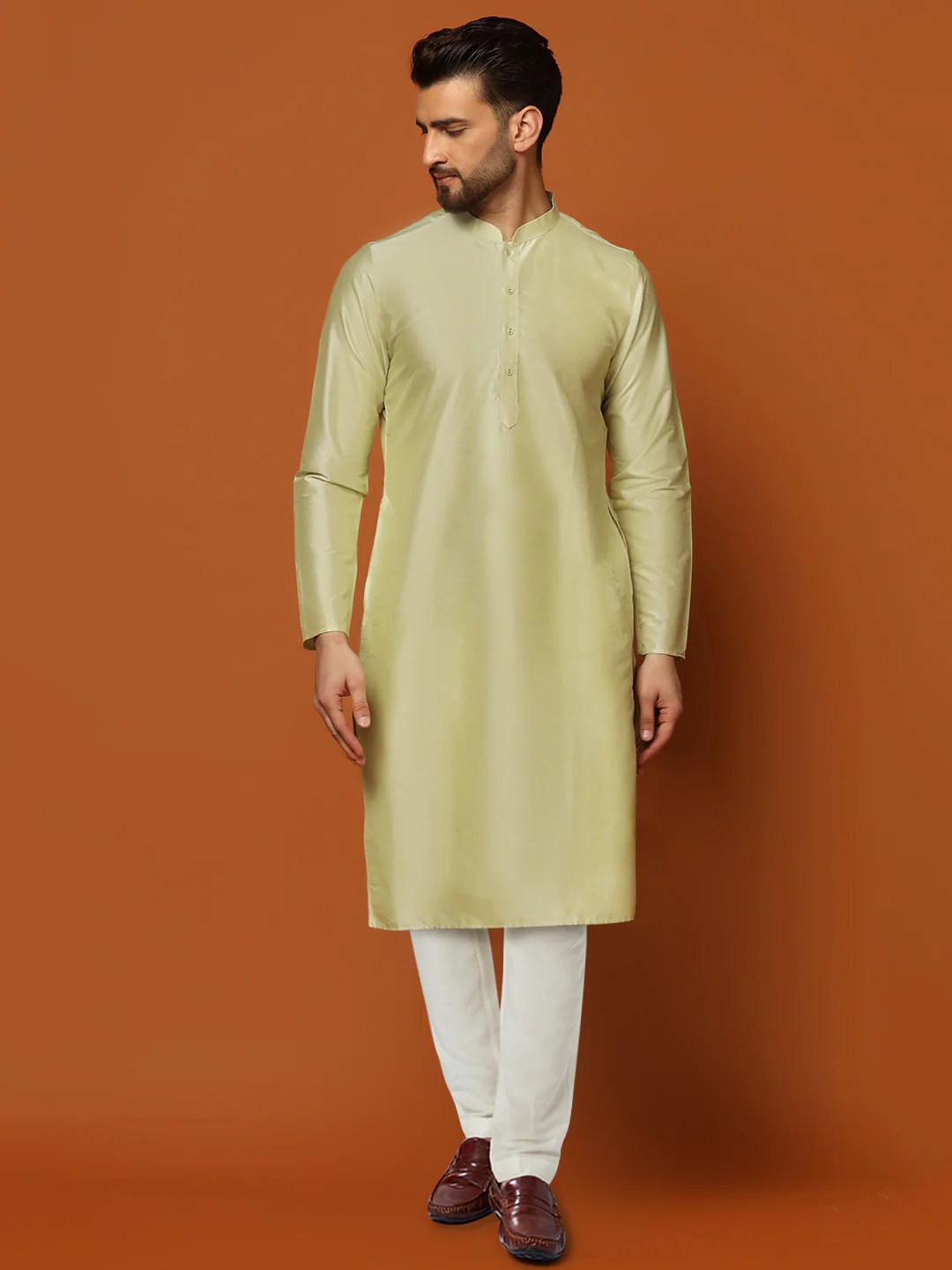 Gold Silk Blend Embroidered Front Open Sherwani Set - Image 5