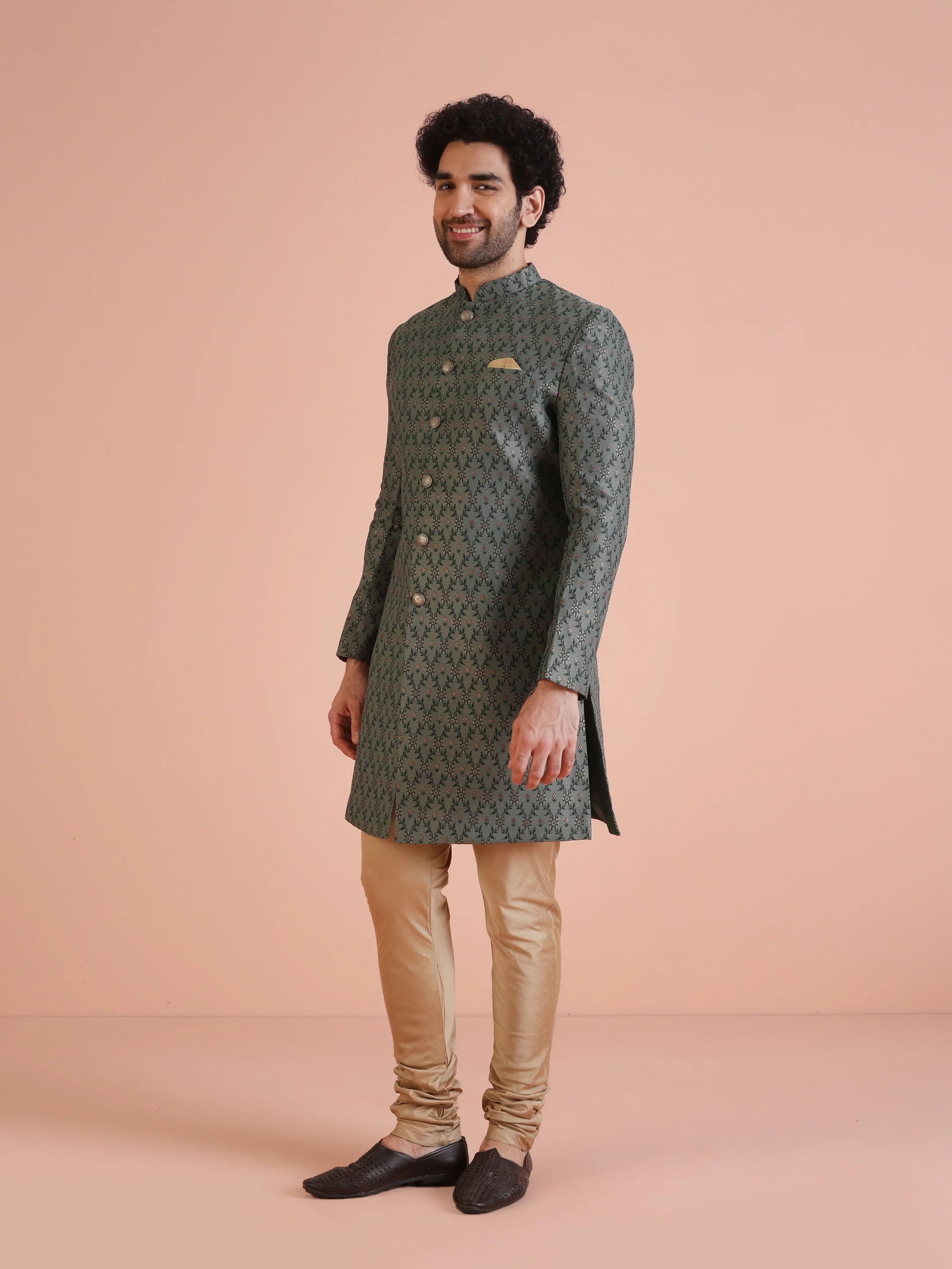 Green Printed Sherwani with Golden Churidar - Image 2