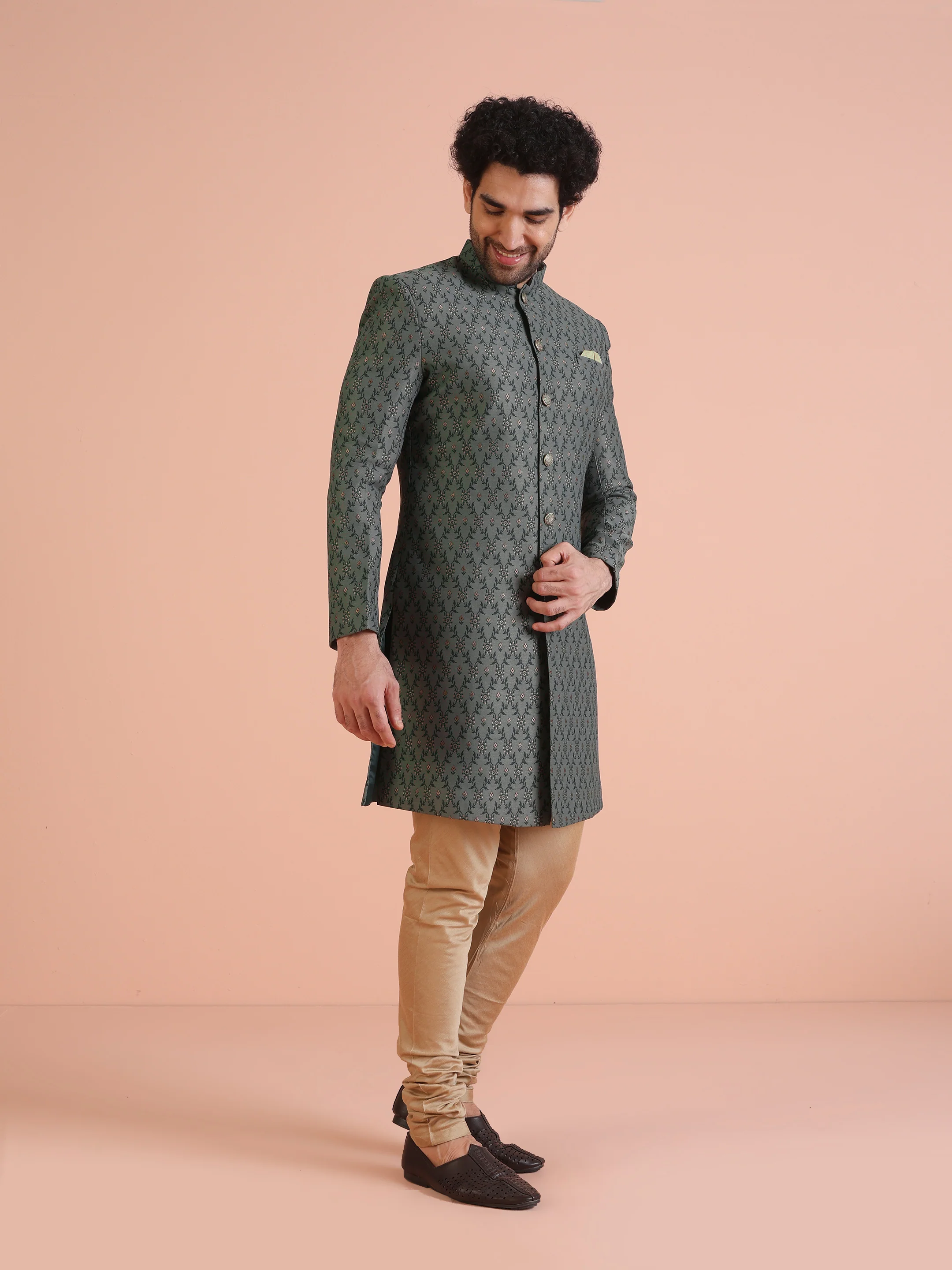 Green Printed Sherwani with Golden Churidar - Image 3