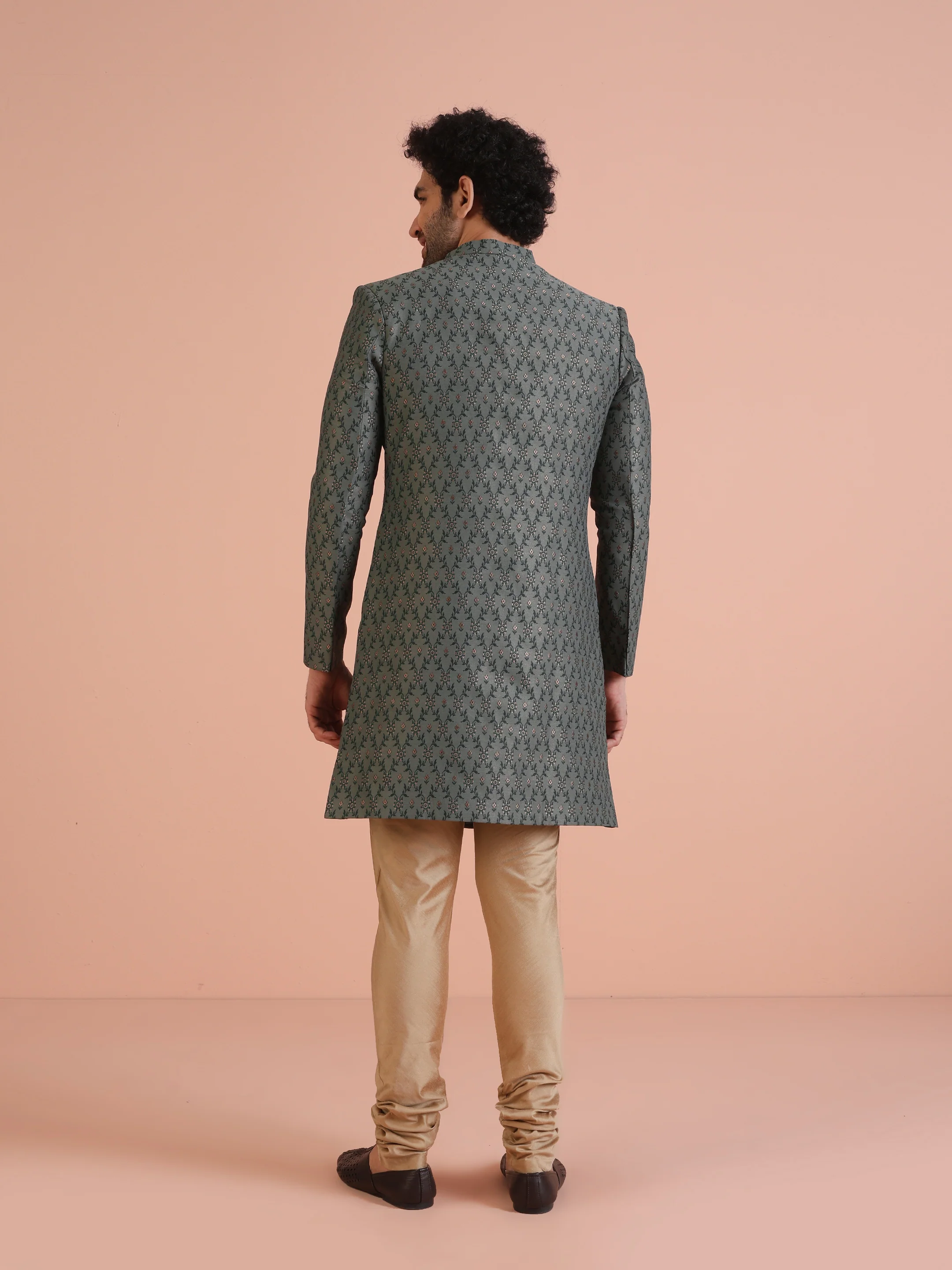 Green Printed Sherwani with Golden Churidar - Image 4