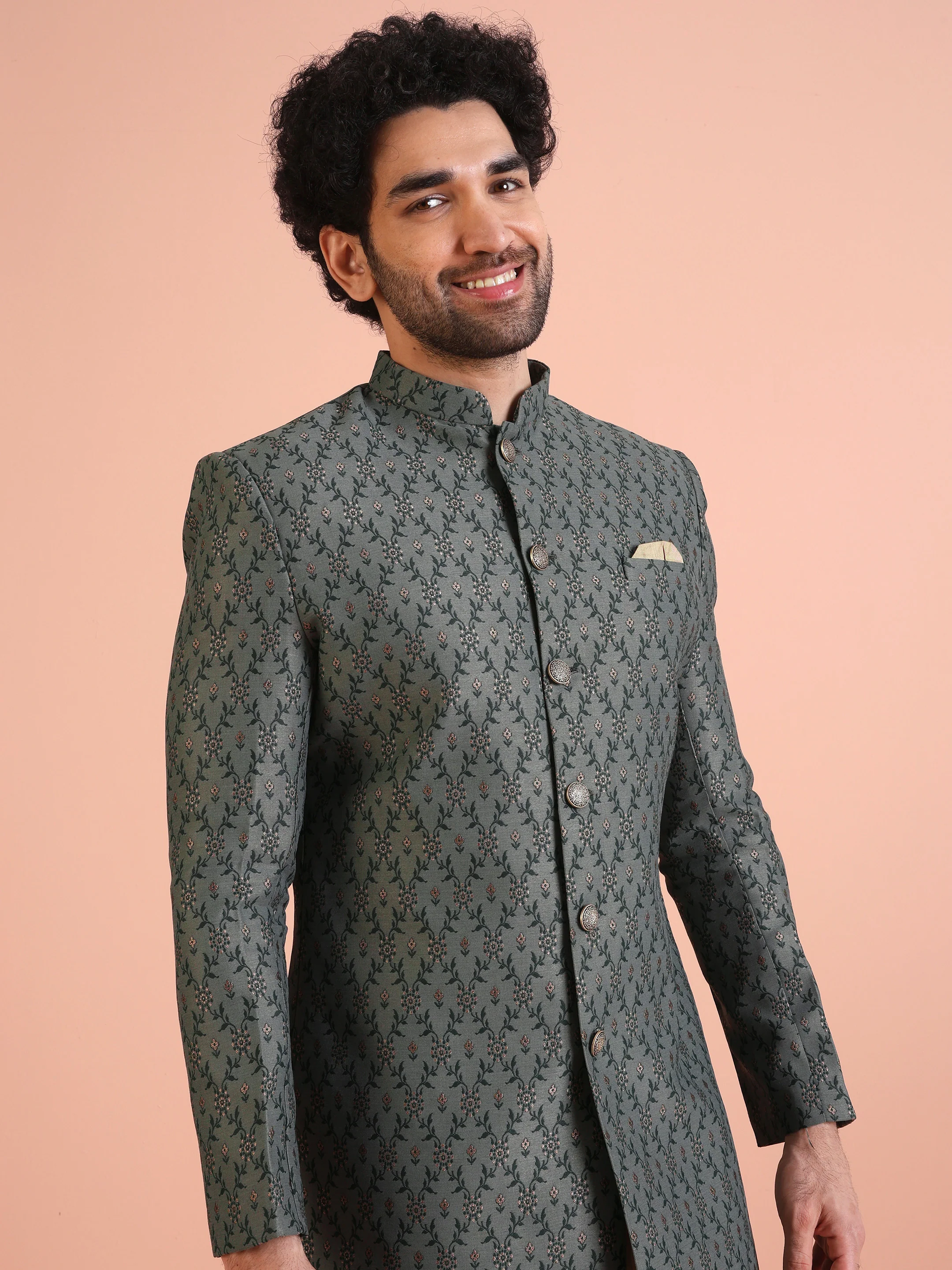 Green Printed Sherwani with Golden Churidar - Image 5