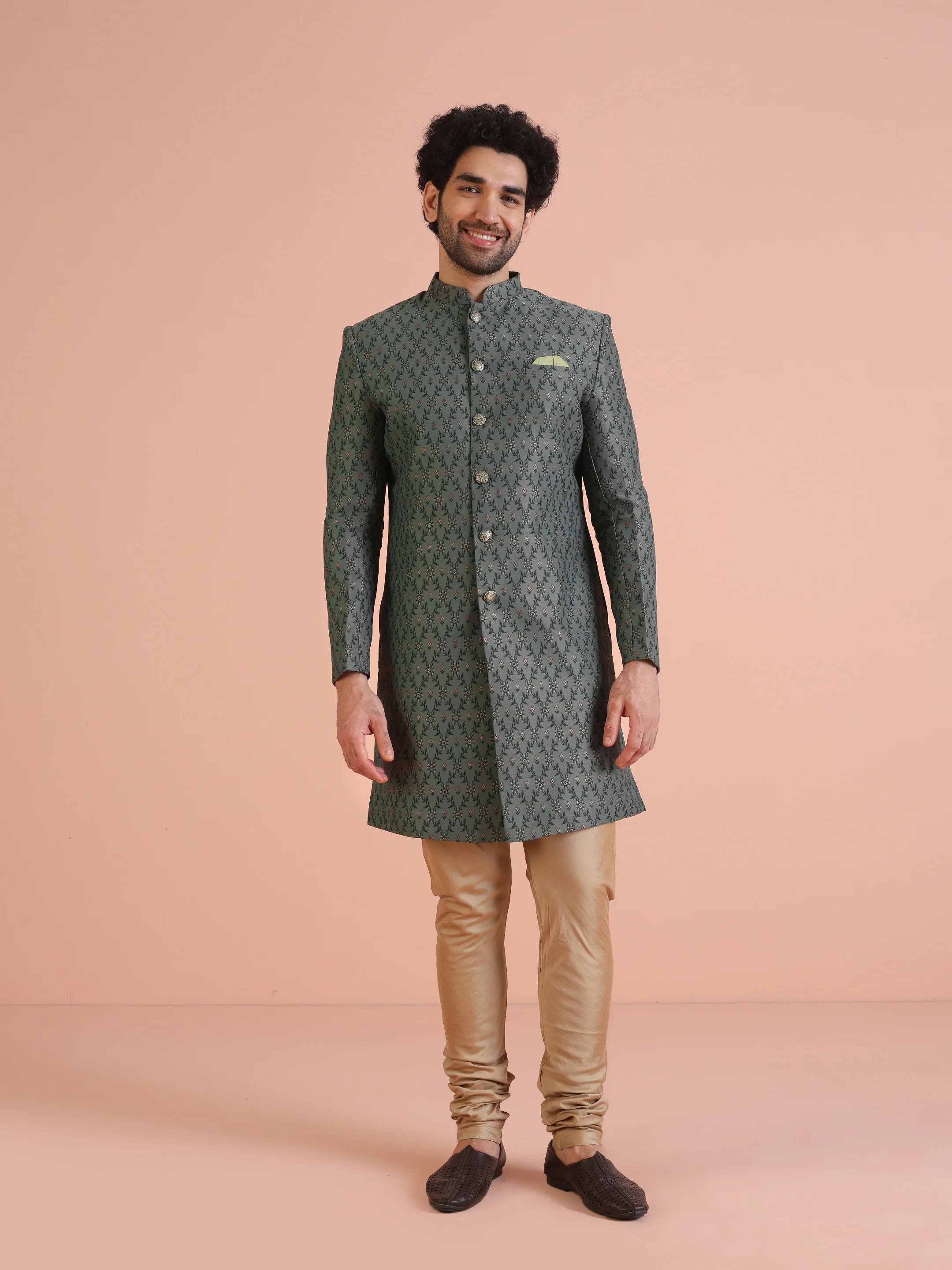 Green Printed Sherwani with Golden Churidar - Image 7