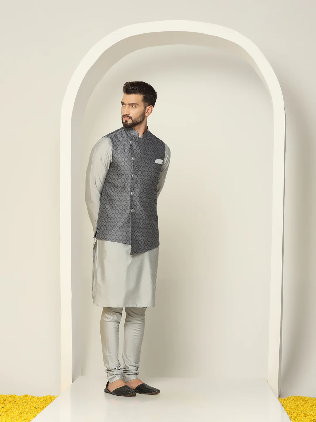 Men Grey Asymmetrical Textured Kurta Jacket Churidar - Image 2