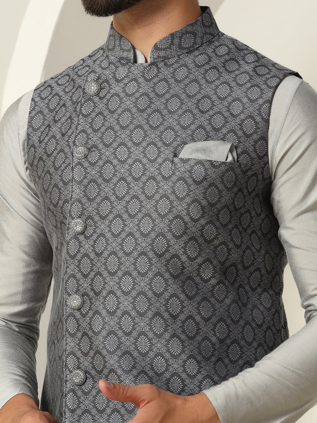 Men Grey Asymmetrical Textured Kurta Jacket Churidar - Image 6