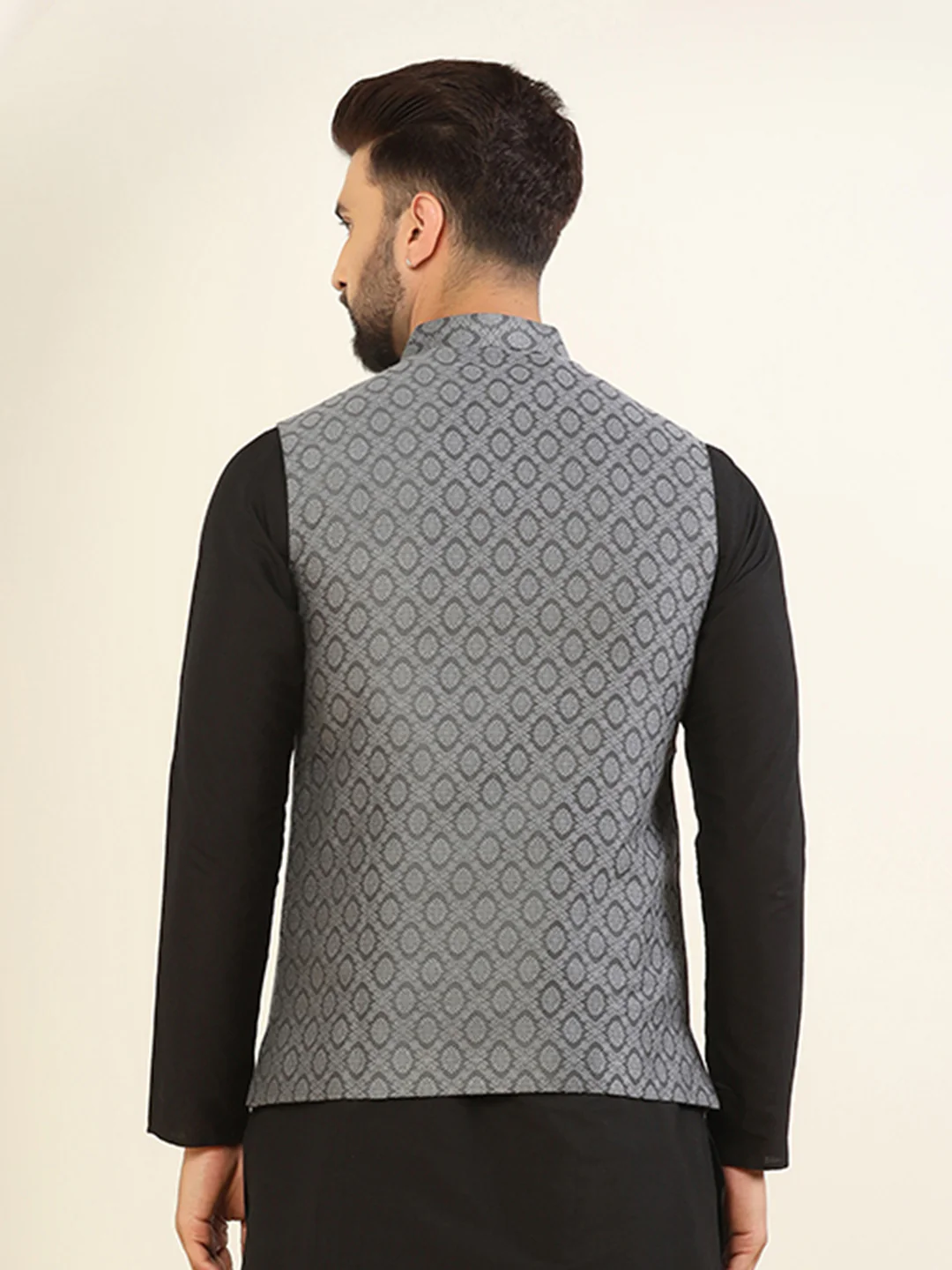 Men Grey Asymmetrical Textured Nehru Jacket - Image 4
