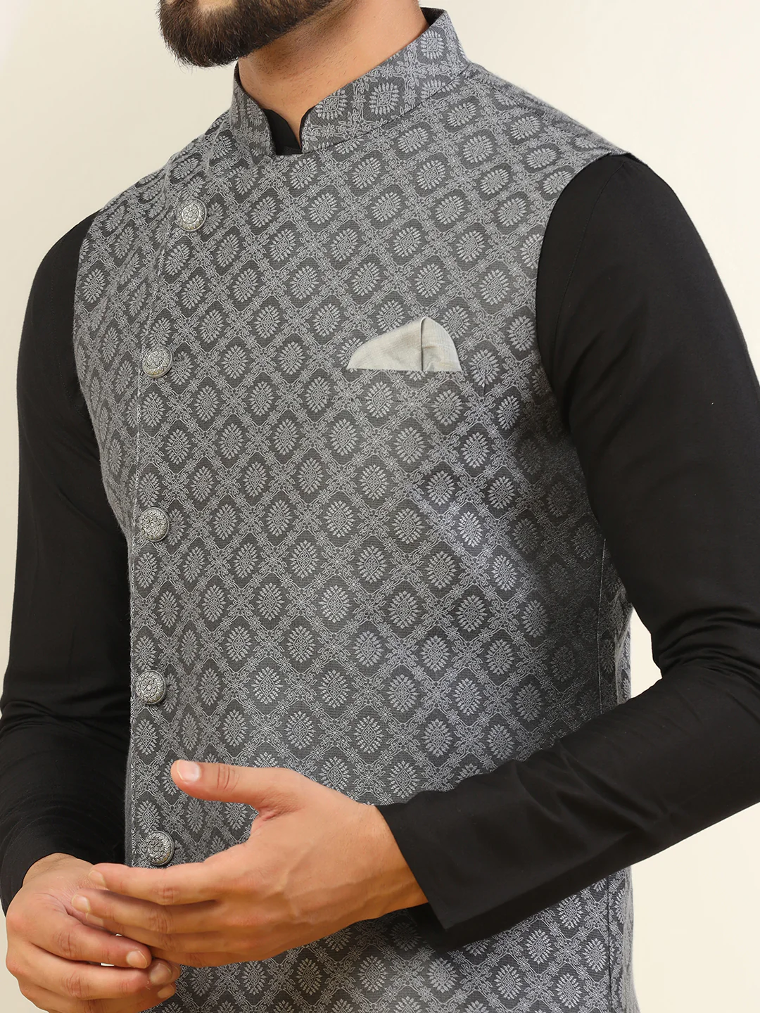 Men Grey Asymmetrical Textured Nehru Jacket - Image 5