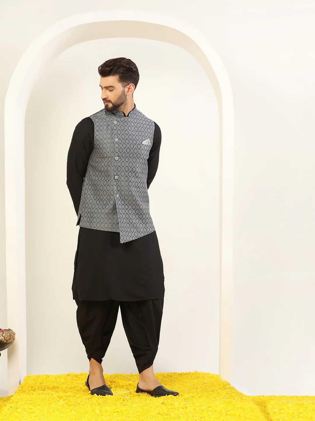 Men Grey Asymmetrical Textured Nehru Jacket - Image 6
