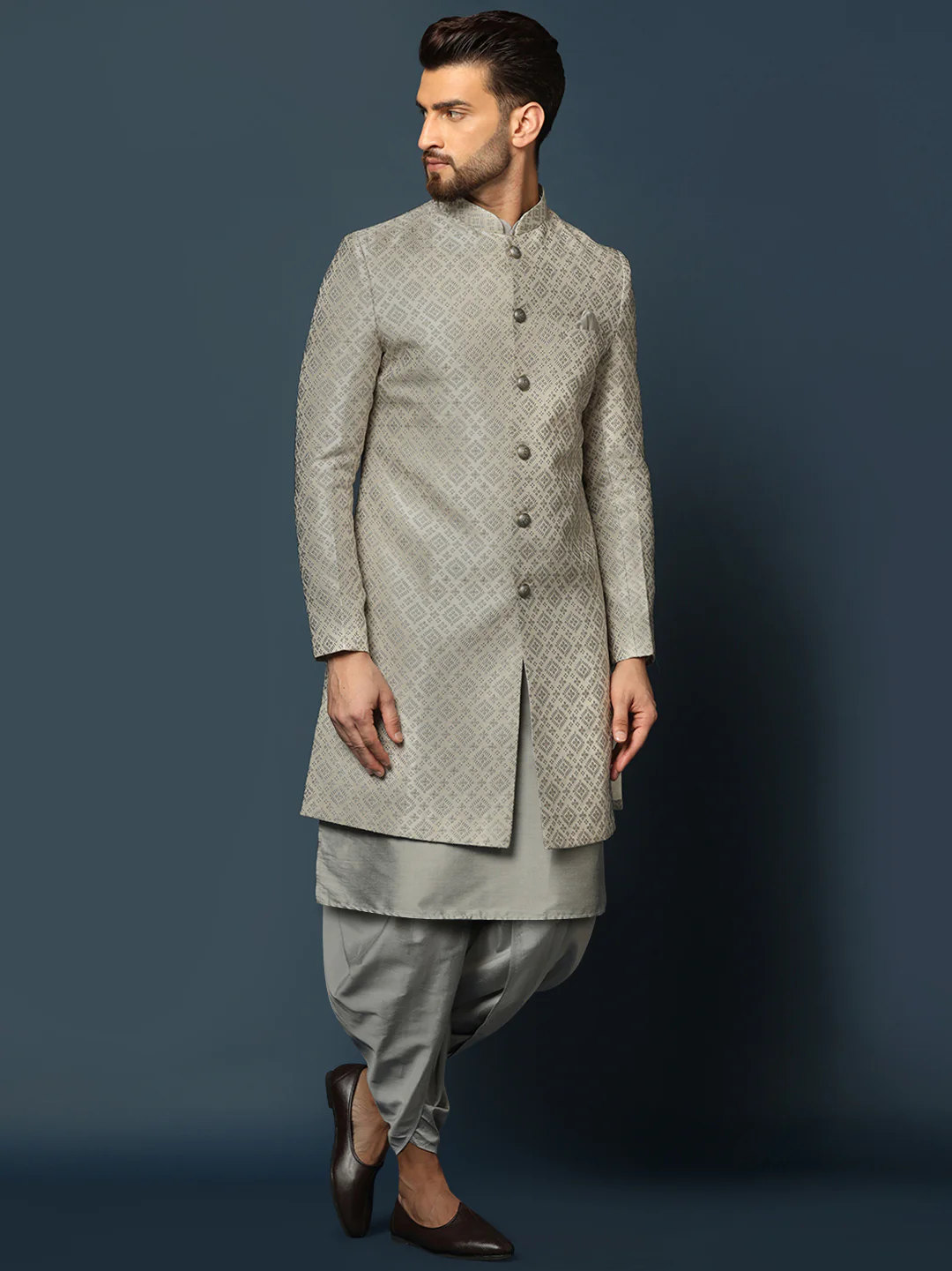 Grey Silk Blend Metallic Sherwani Dhoti Set - Image 2