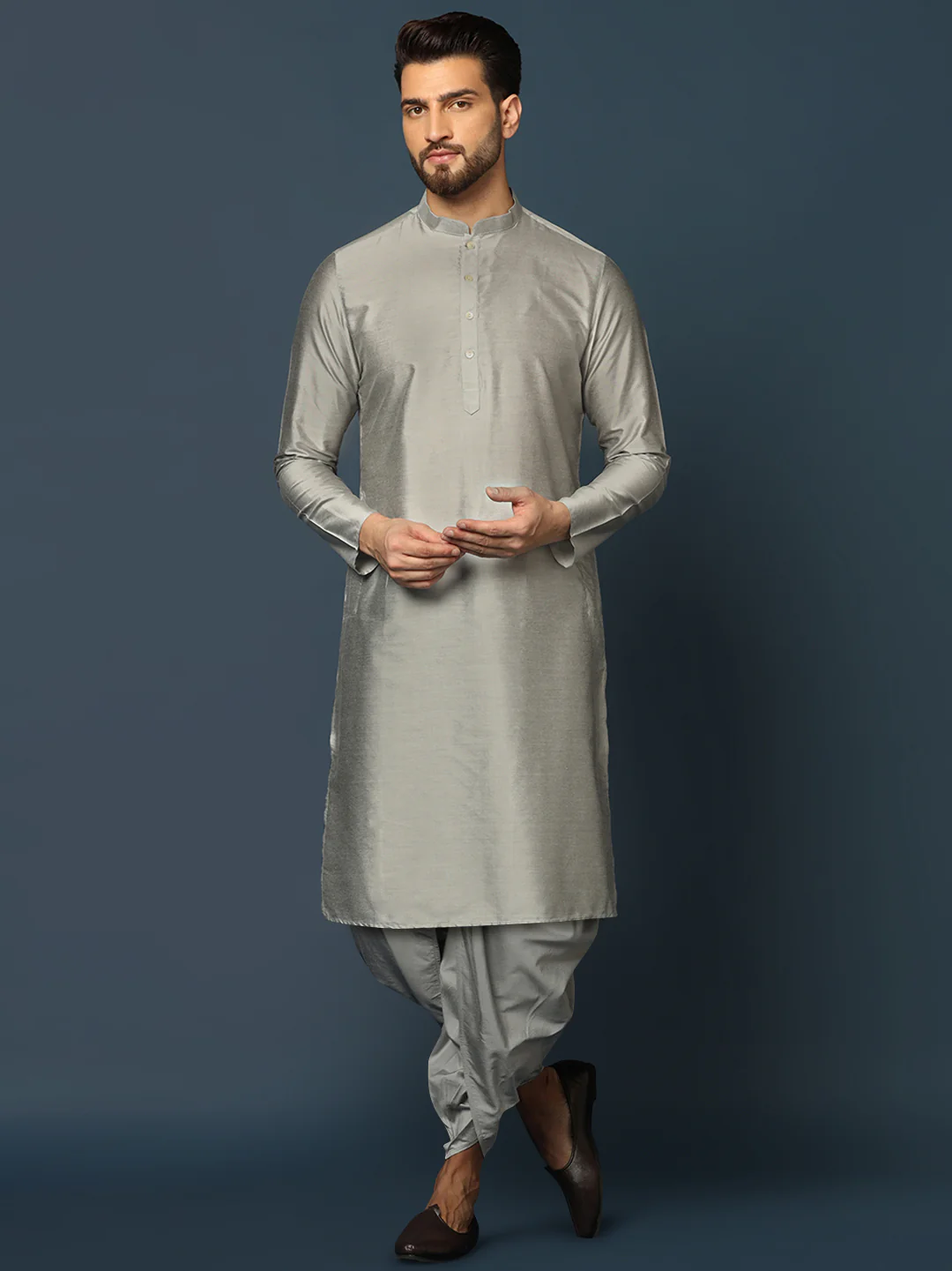 Grey Silk Blend Metallic Sherwani Dhoti Set - Image 5