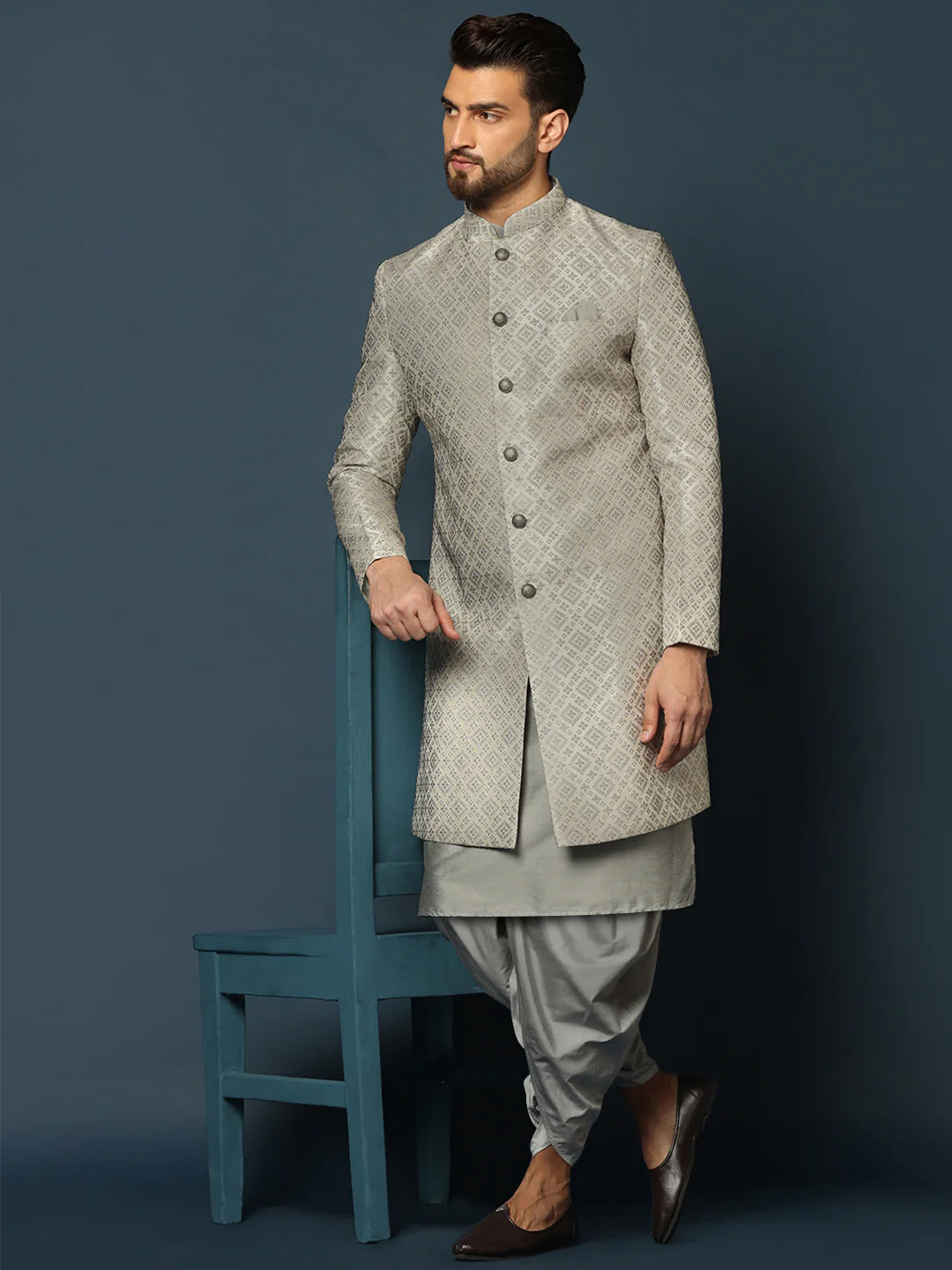Grey Silk Blend Metallic Sherwani Dhoti Set - Image 8