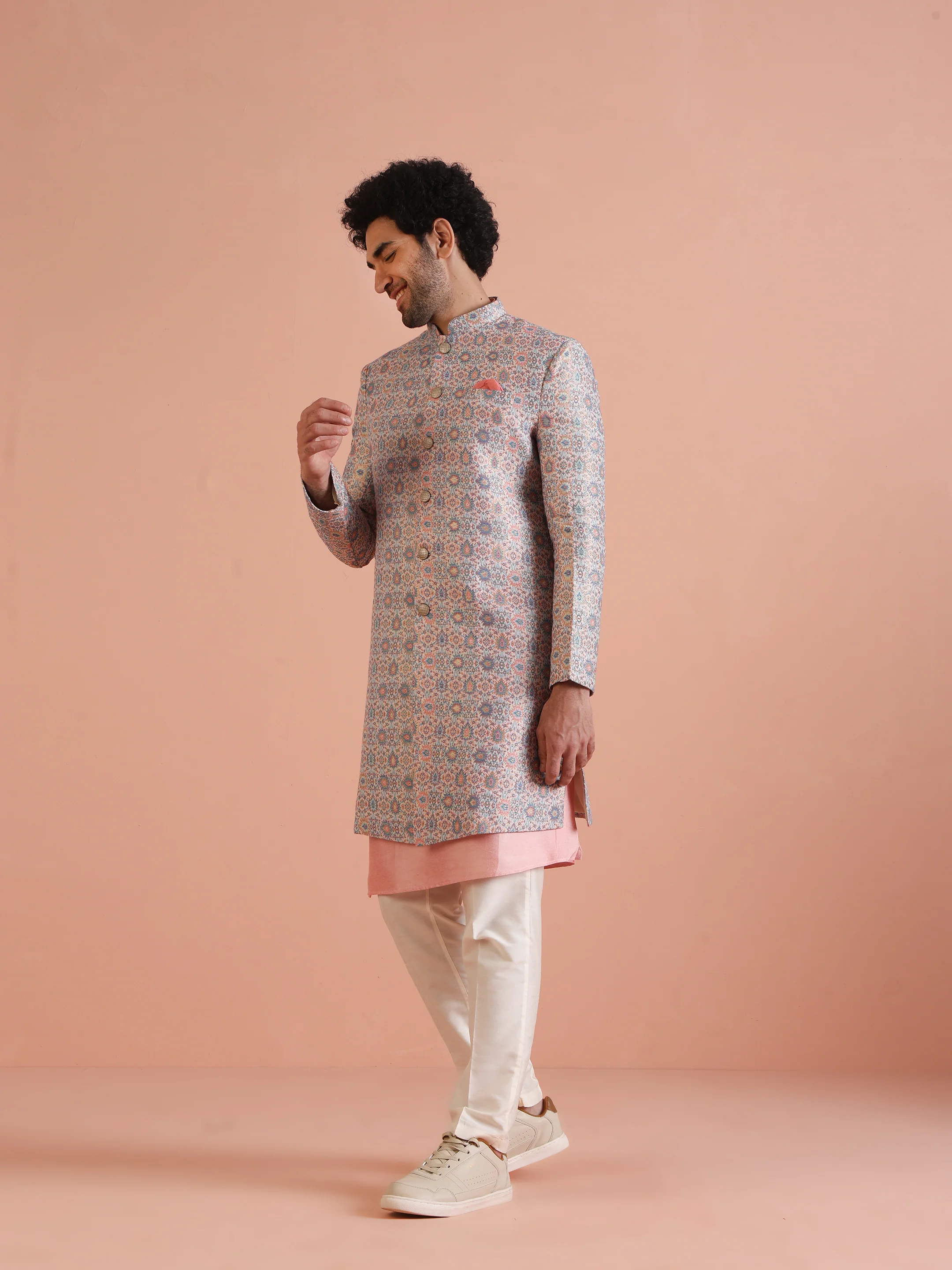 Pastel Cotton Silk Printed Indowestern Kurta Trouser Set - Image 2