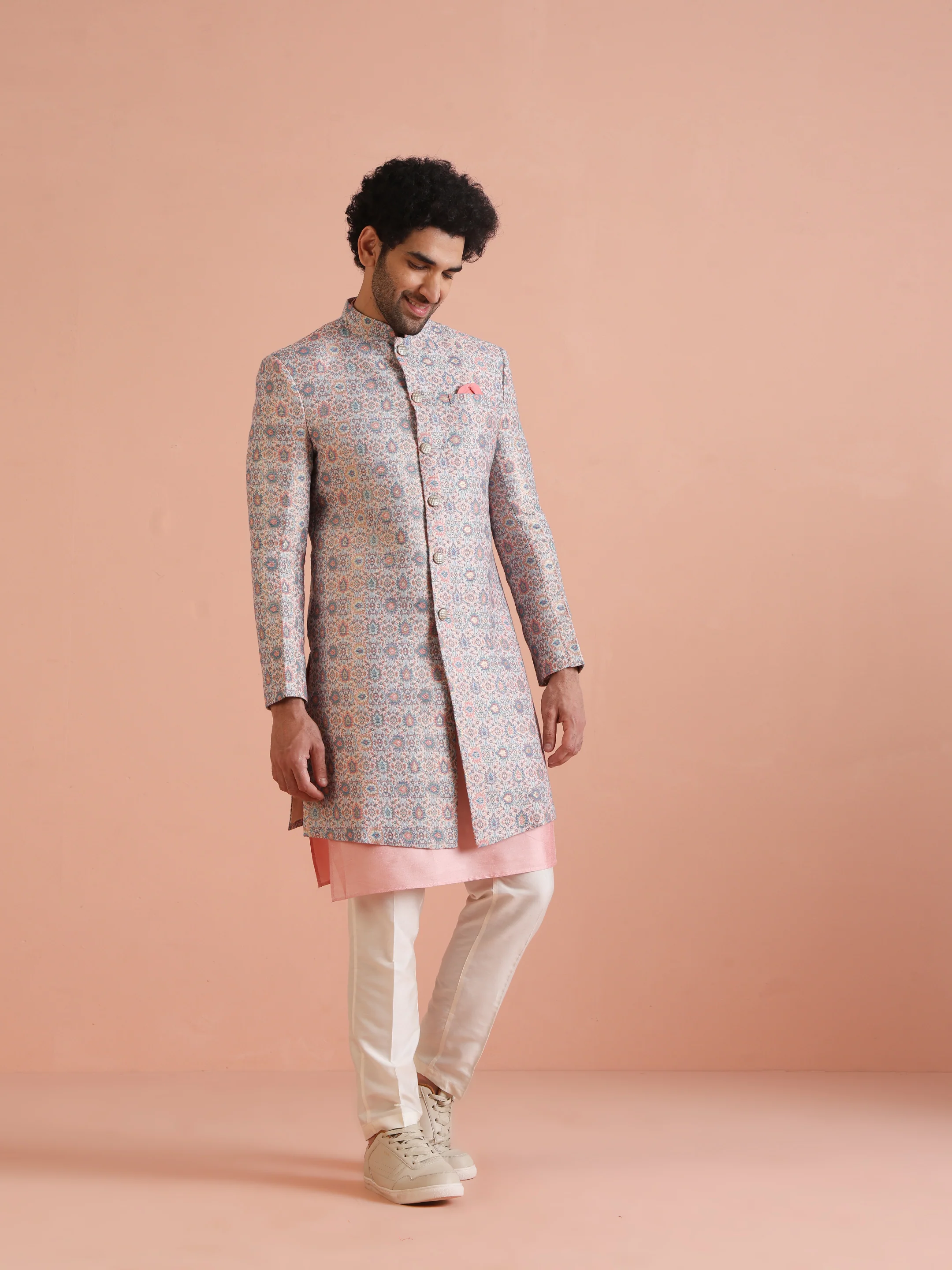Pastel Cotton Silk Printed Indowestern Kurta Trouser Set - Image 3
