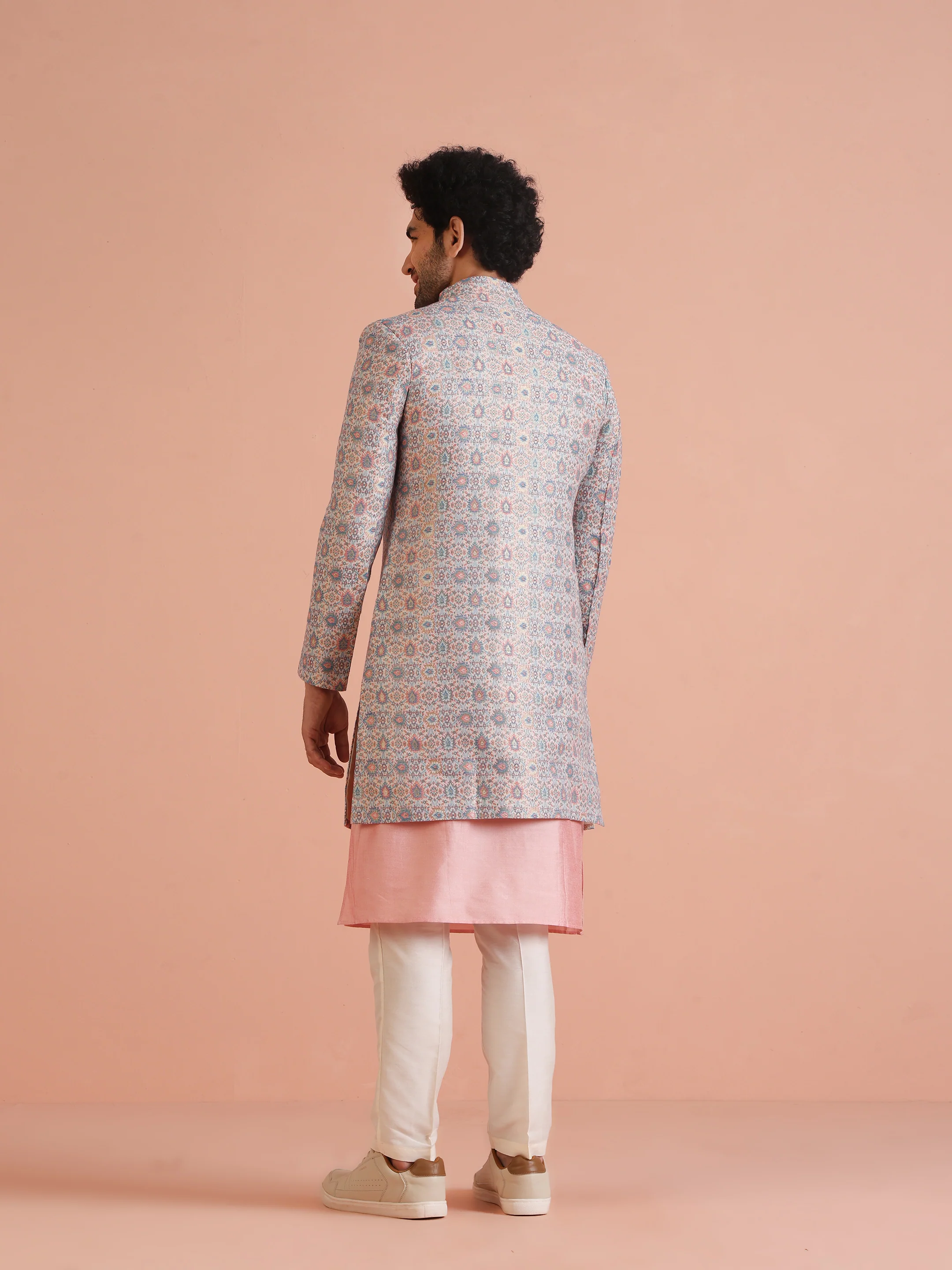 Pastel Cotton Silk Printed Indowestern Kurta Trouser Set - Image 4