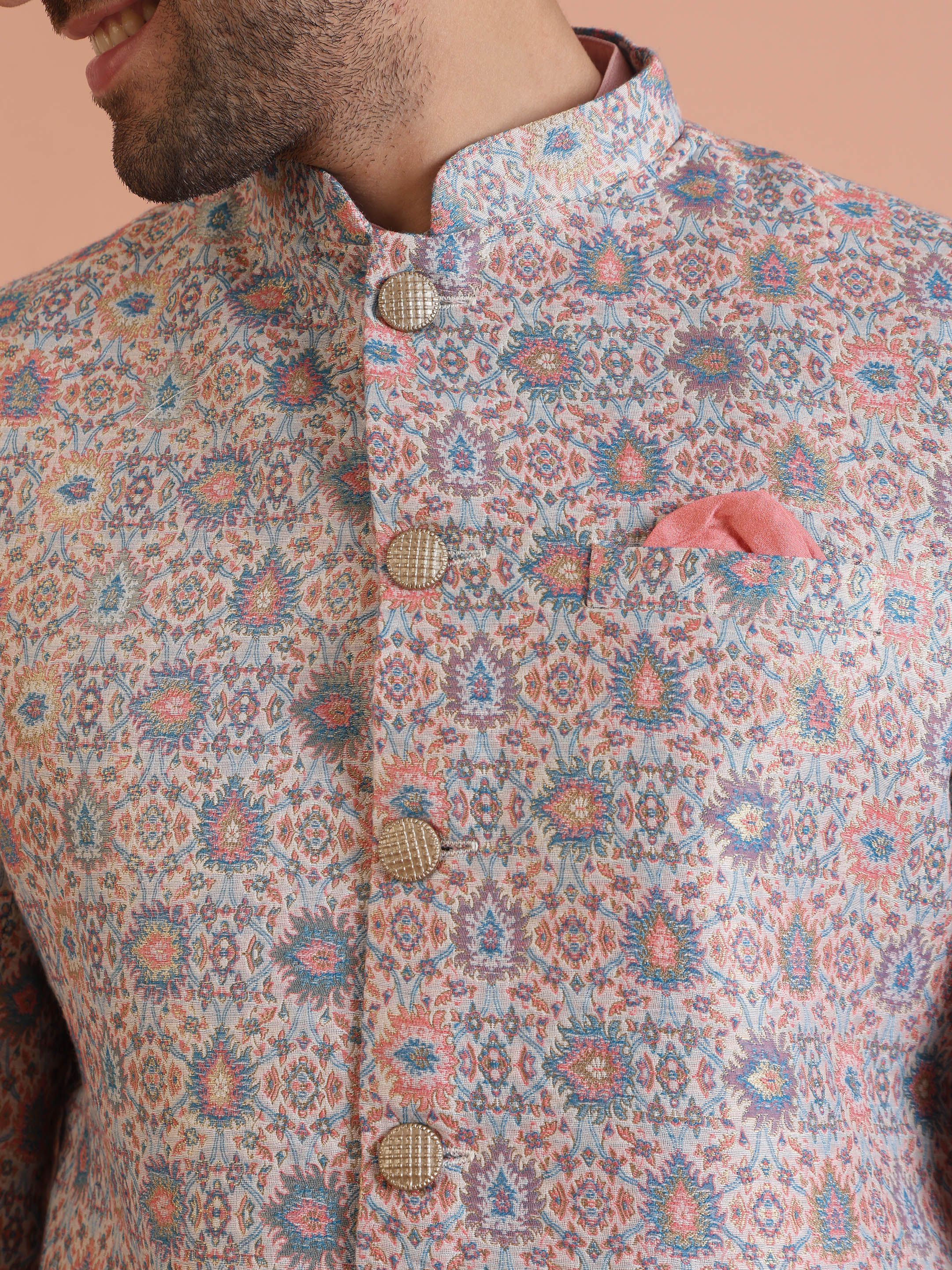 Pastel Cotton Silk Printed Indowestern Kurta Trouser Set - Image 5